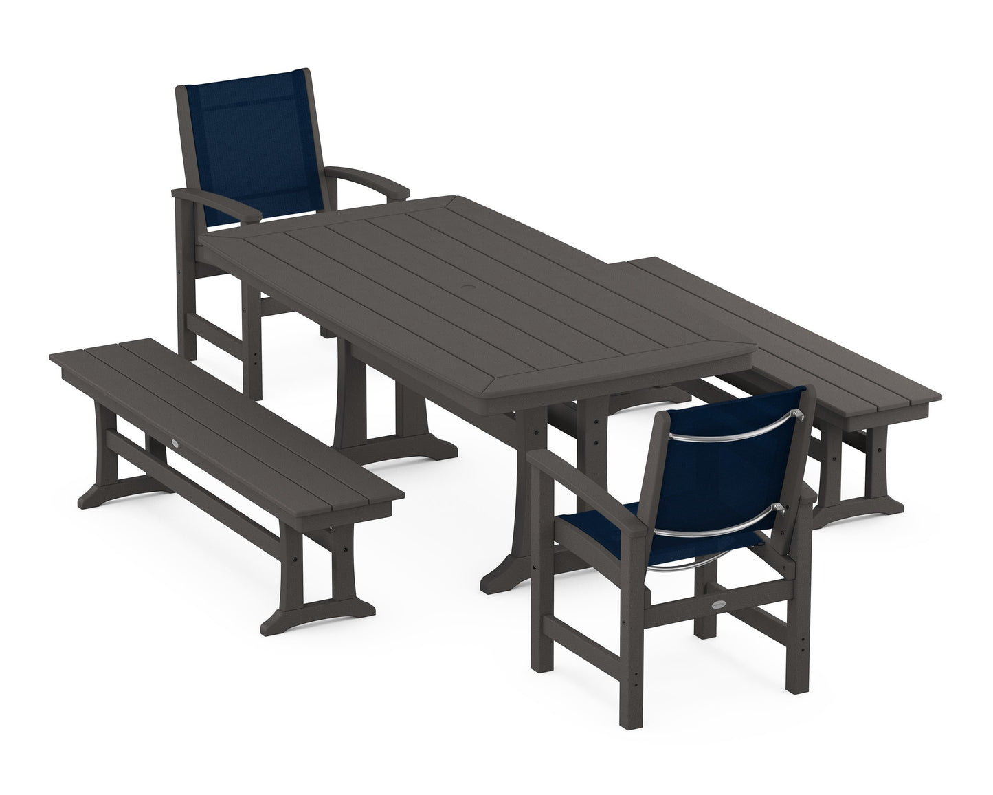 Coastal 5-Piece Dining Set with Trestle Legs and Benches