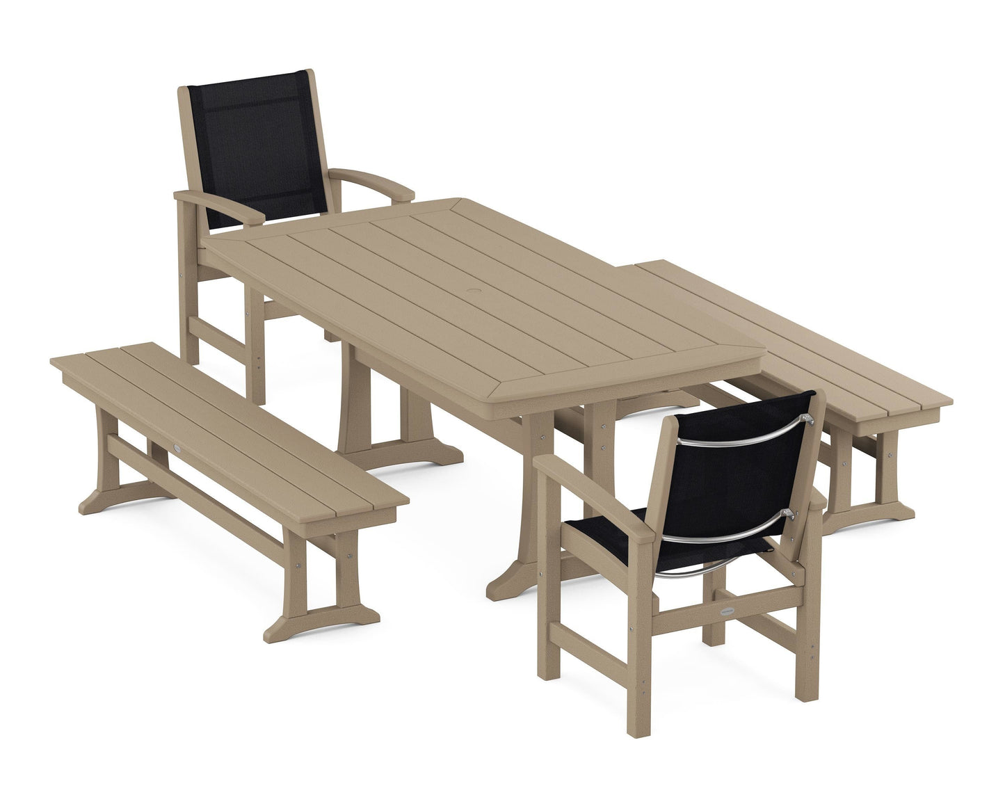 Coastal 5-Piece Dining Set with Trestle Legs and Benches