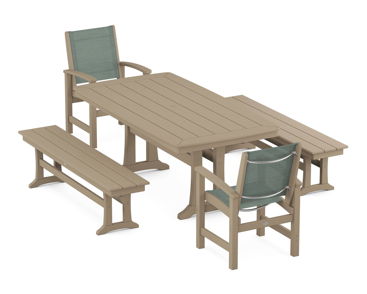 Coastal 5-Piece Dining Set with Trestle Legs and Benches