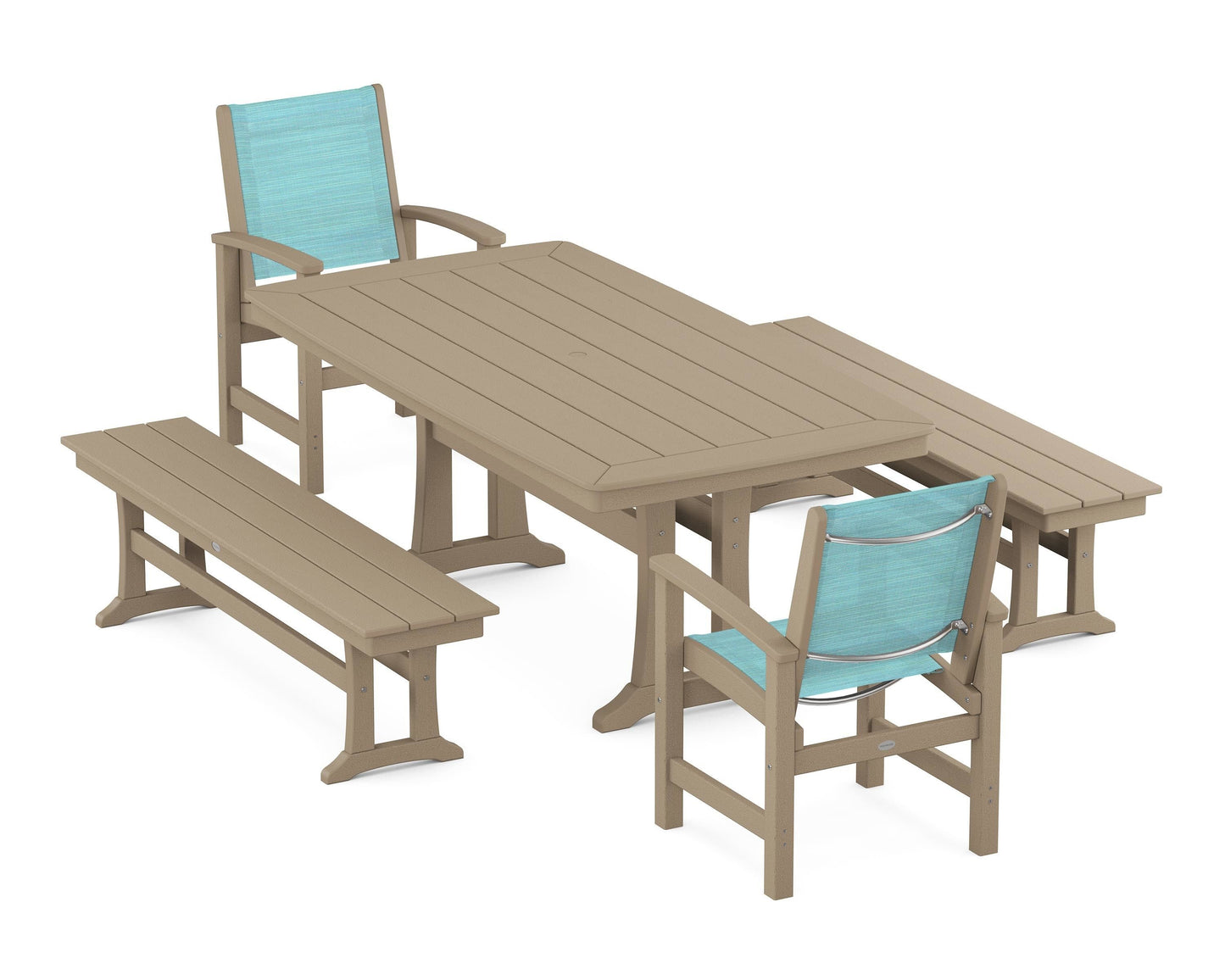 Coastal 5-Piece Dining Set with Trestle Legs and Benches