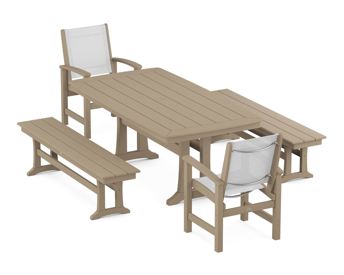 Coastal 5-Piece Dining Set with Trestle Legs and Benches