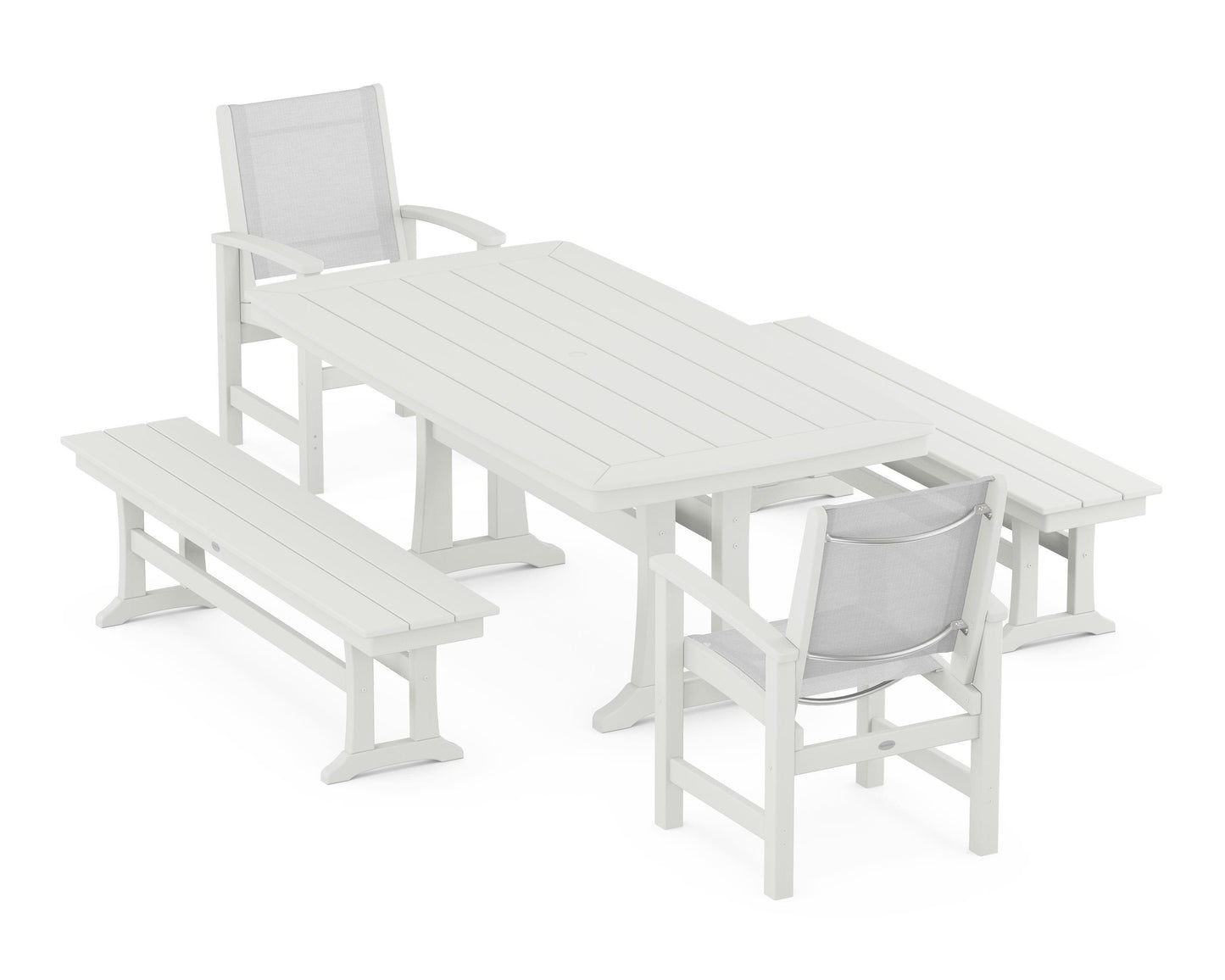 Coastal 5-Piece Dining Set with Trestle Legs and Benches