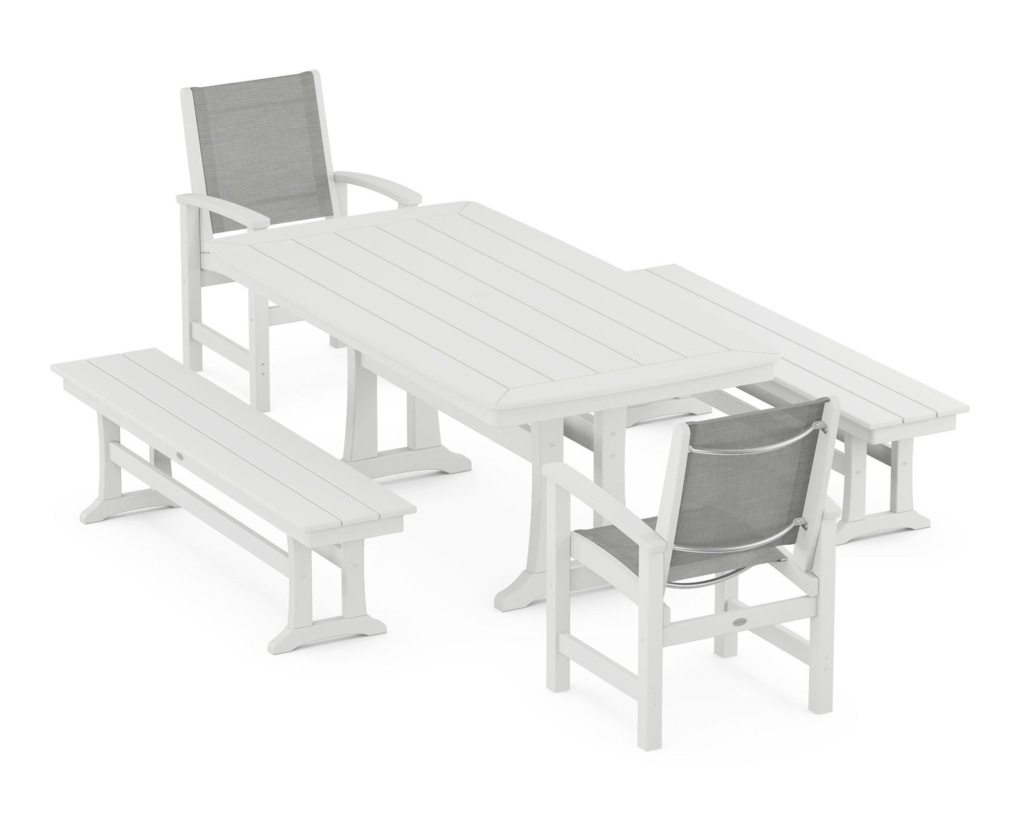 Coastal 5-Piece Dining Set with Trestle Legs and Benches