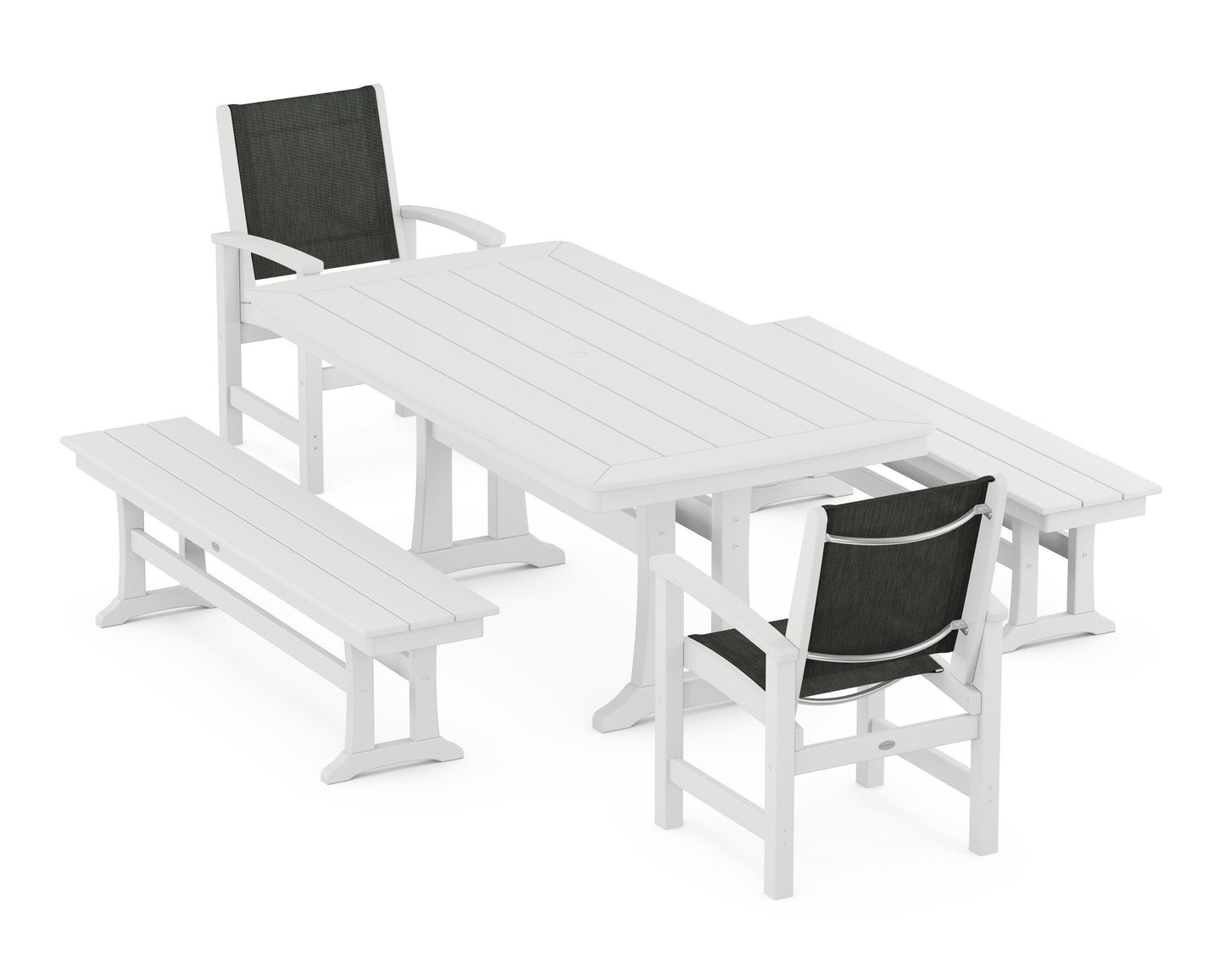 Coastal 5-Piece Dining Set with Trestle Legs and Benches