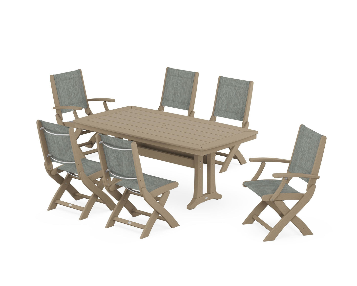 Coastal Folding Chair 7-Piece Dining Set with Trestle Legs