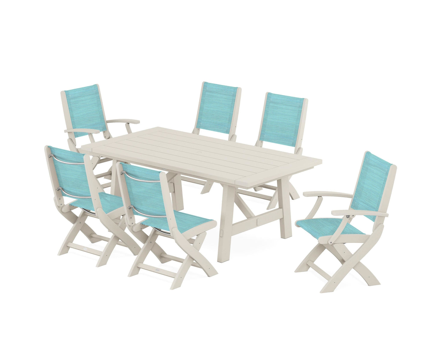 Coastal Folding Chair 7-Piece Rustic Farmhouse Dining Set