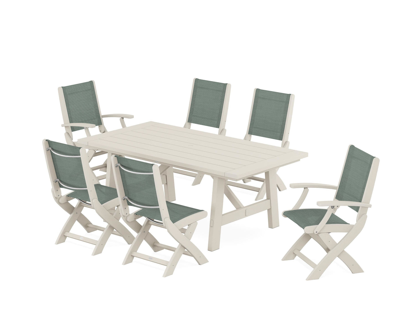 Coastal Folding Chair 7-Piece Rustic Farmhouse Dining Set