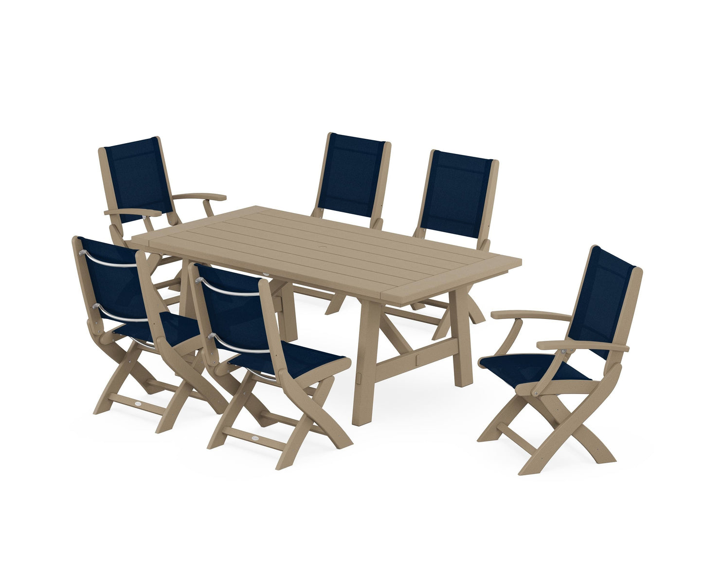 Coastal Folding Chair 7-Piece Rustic Farmhouse Dining Set