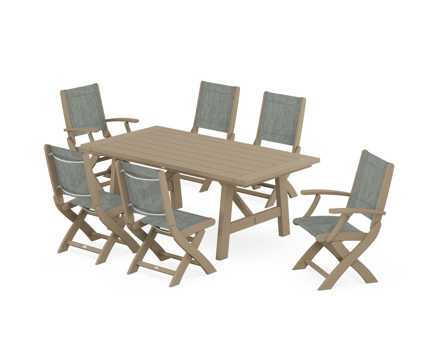Coastal Folding Chair 7-Piece Rustic Farmhouse Dining Set