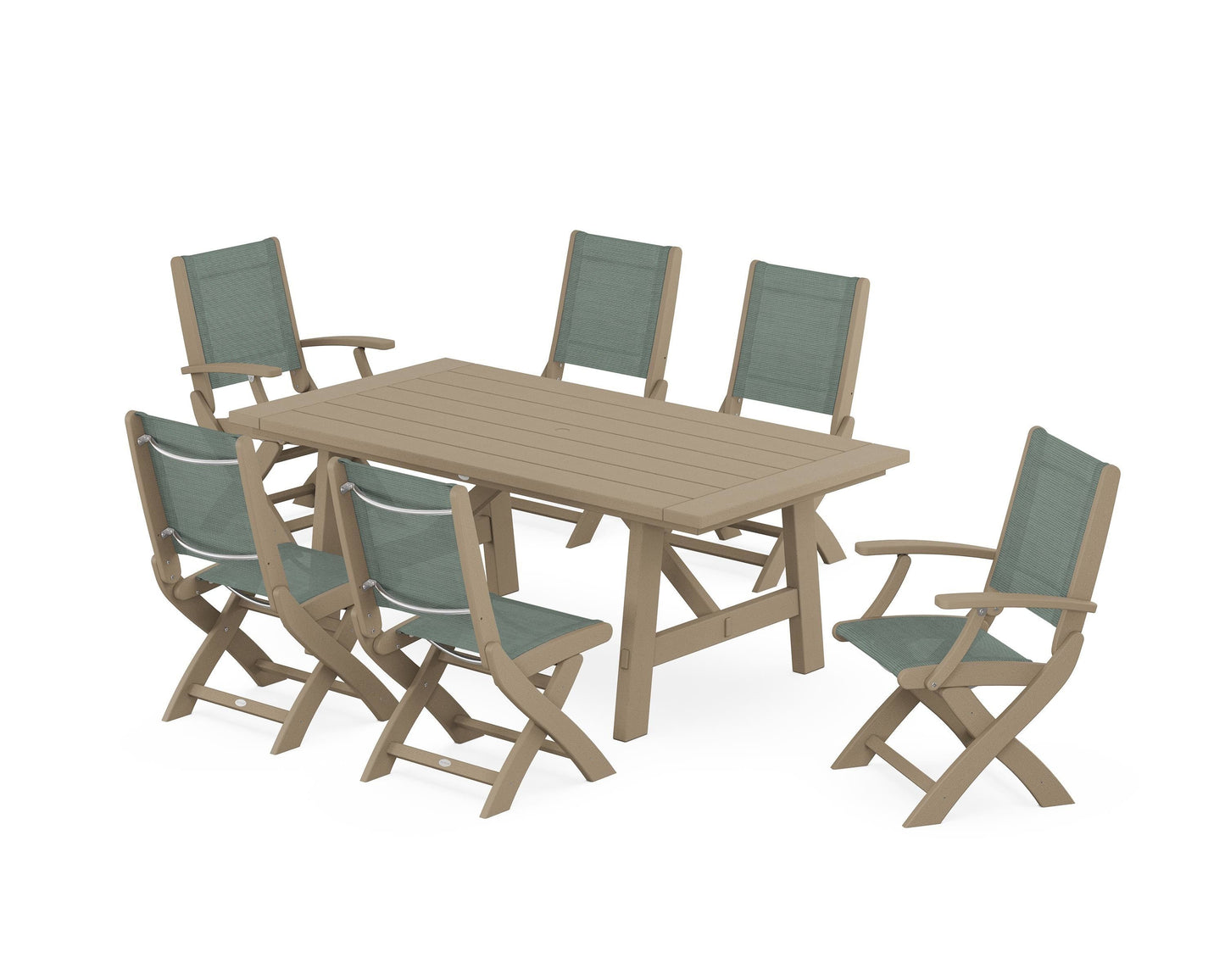 Coastal Folding Chair 7-Piece Rustic Farmhouse Dining Set