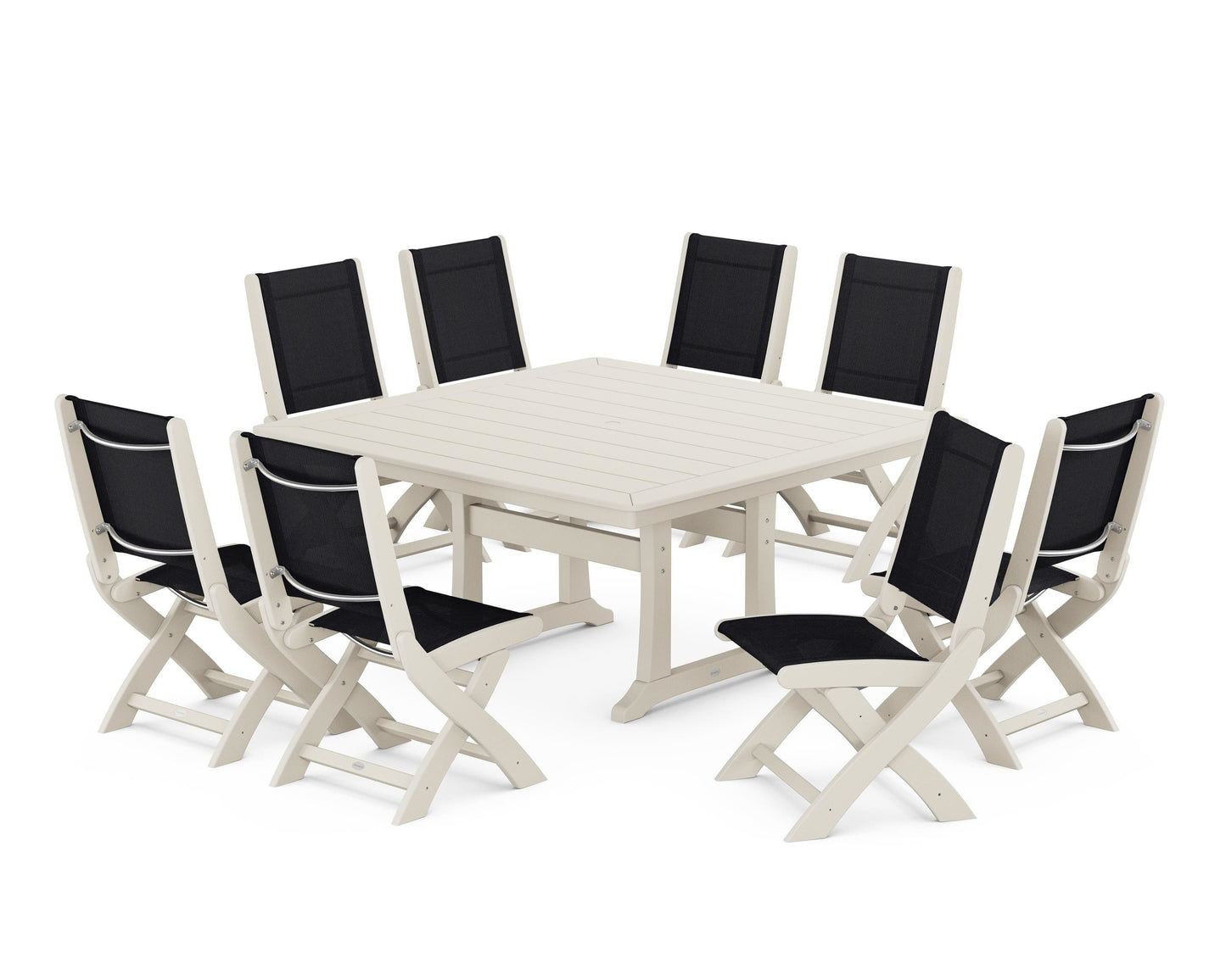 Coastal Folding Side Chair 9-Piece Dining Set with Trestle Legs