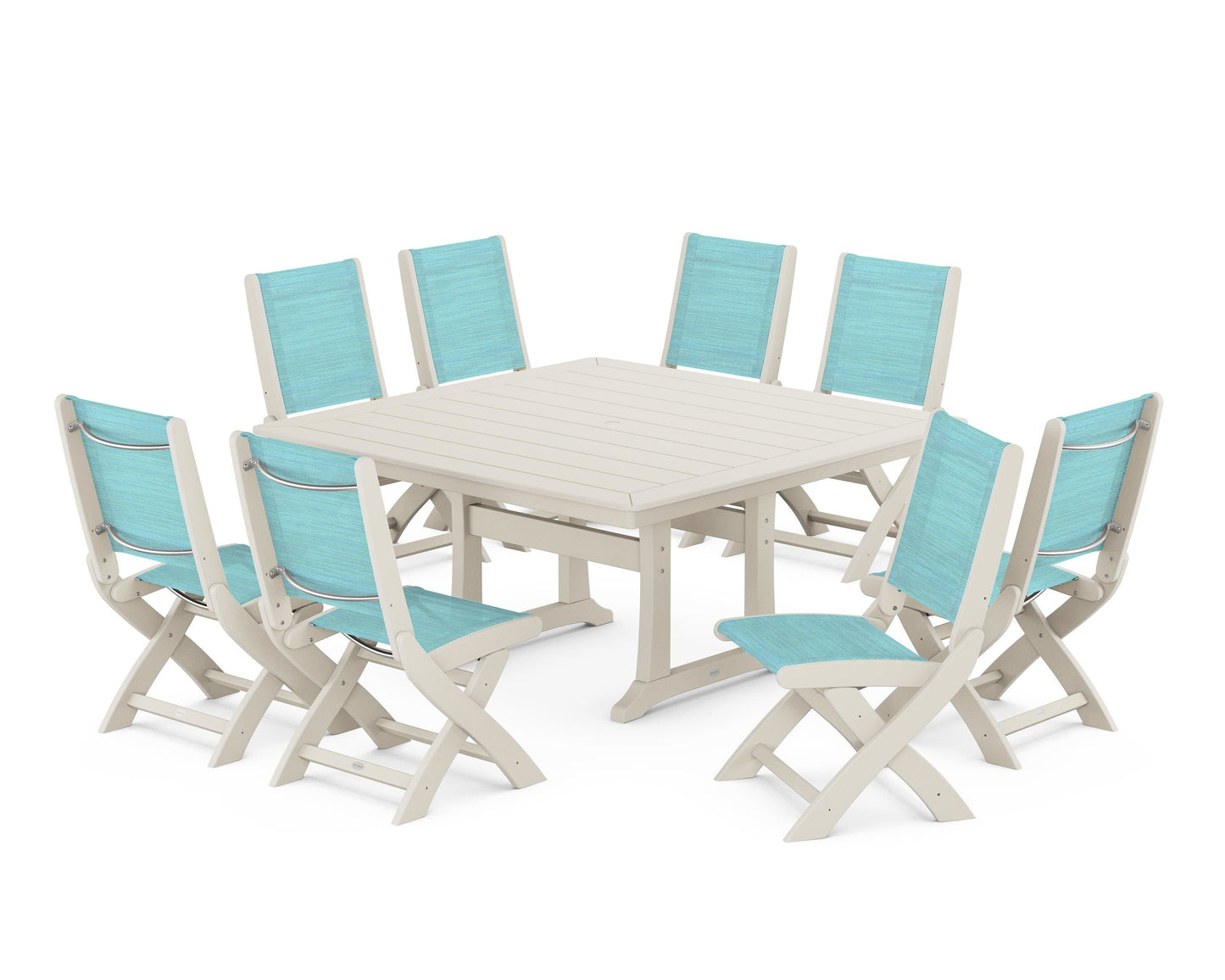 Coastal Folding Side Chair 9-Piece Dining Set with Trestle Legs