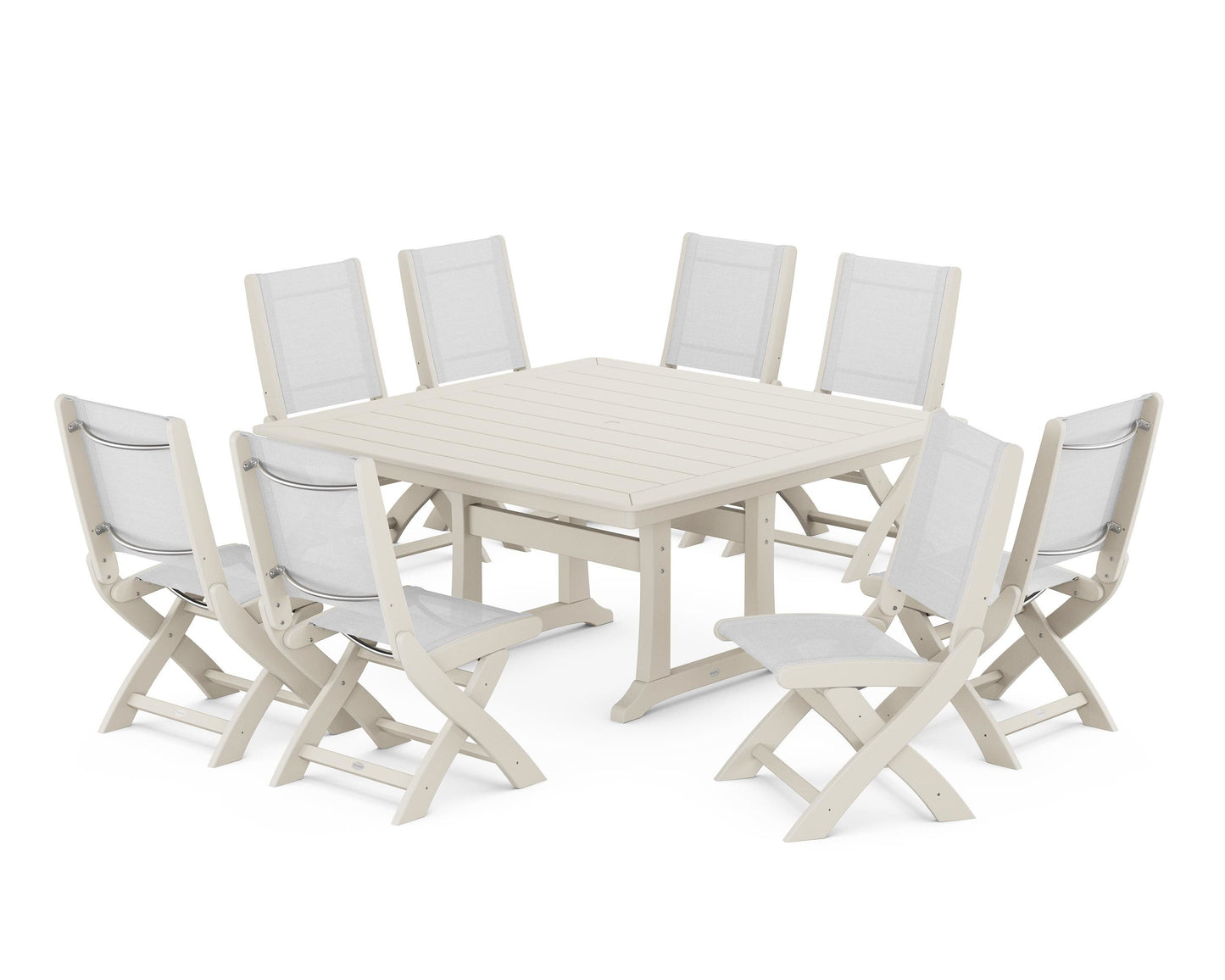 Coastal Folding Side Chair 9-Piece Dining Set with Trestle Legs