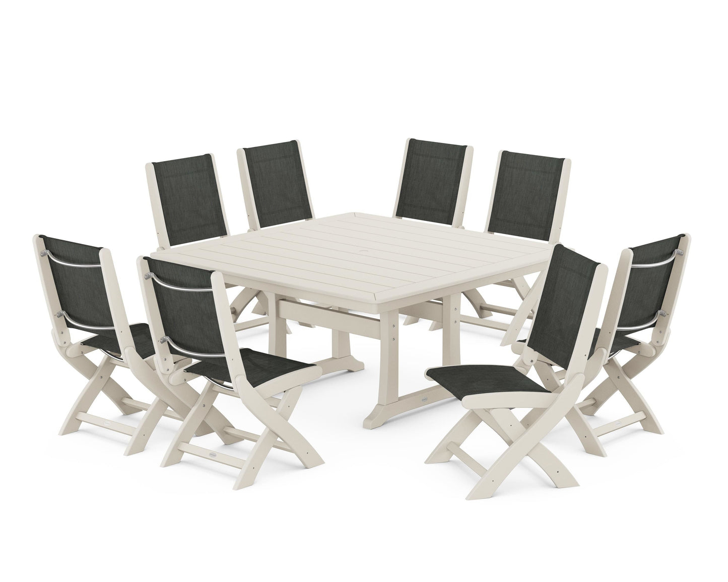 Coastal Folding Side Chair 9-Piece Dining Set with Trestle Legs