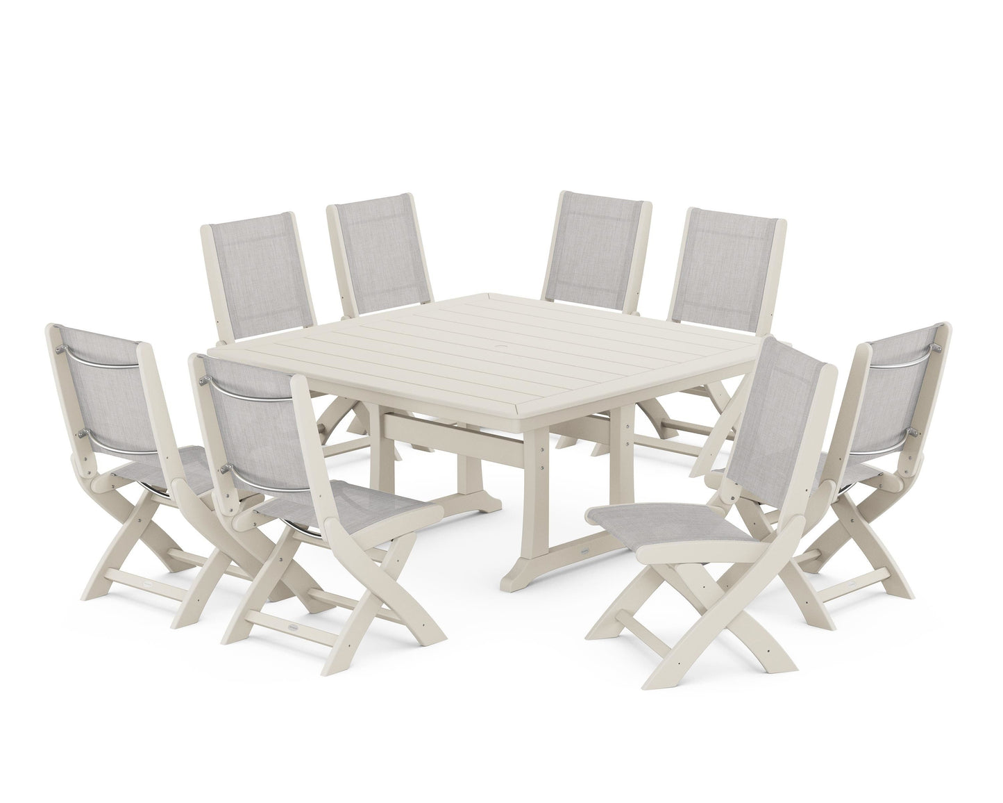 Coastal Folding Side Chair 9-Piece Dining Set with Trestle Legs