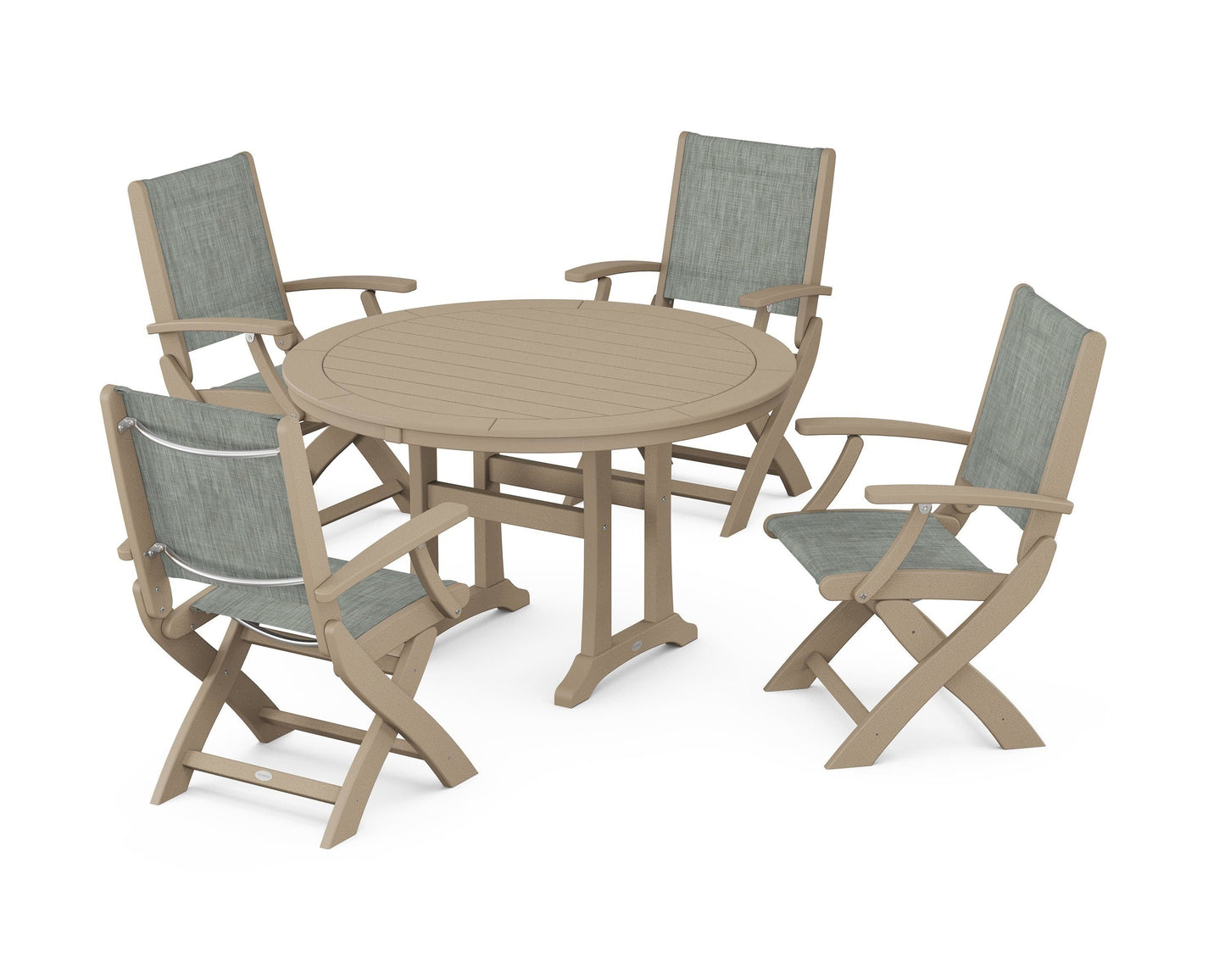 Coastal Folding Chair 5-Piece Round Dining Set with Trestle Legs