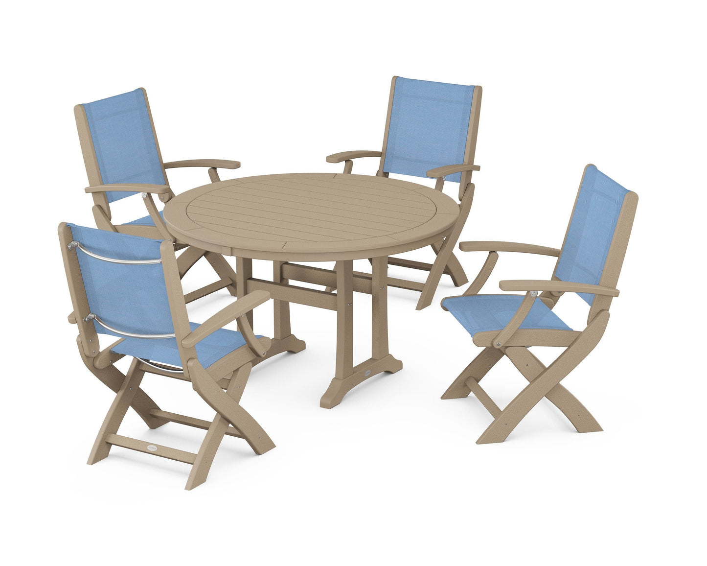 Coastal Folding Chair 5-Piece Round Dining Set with Trestle Legs