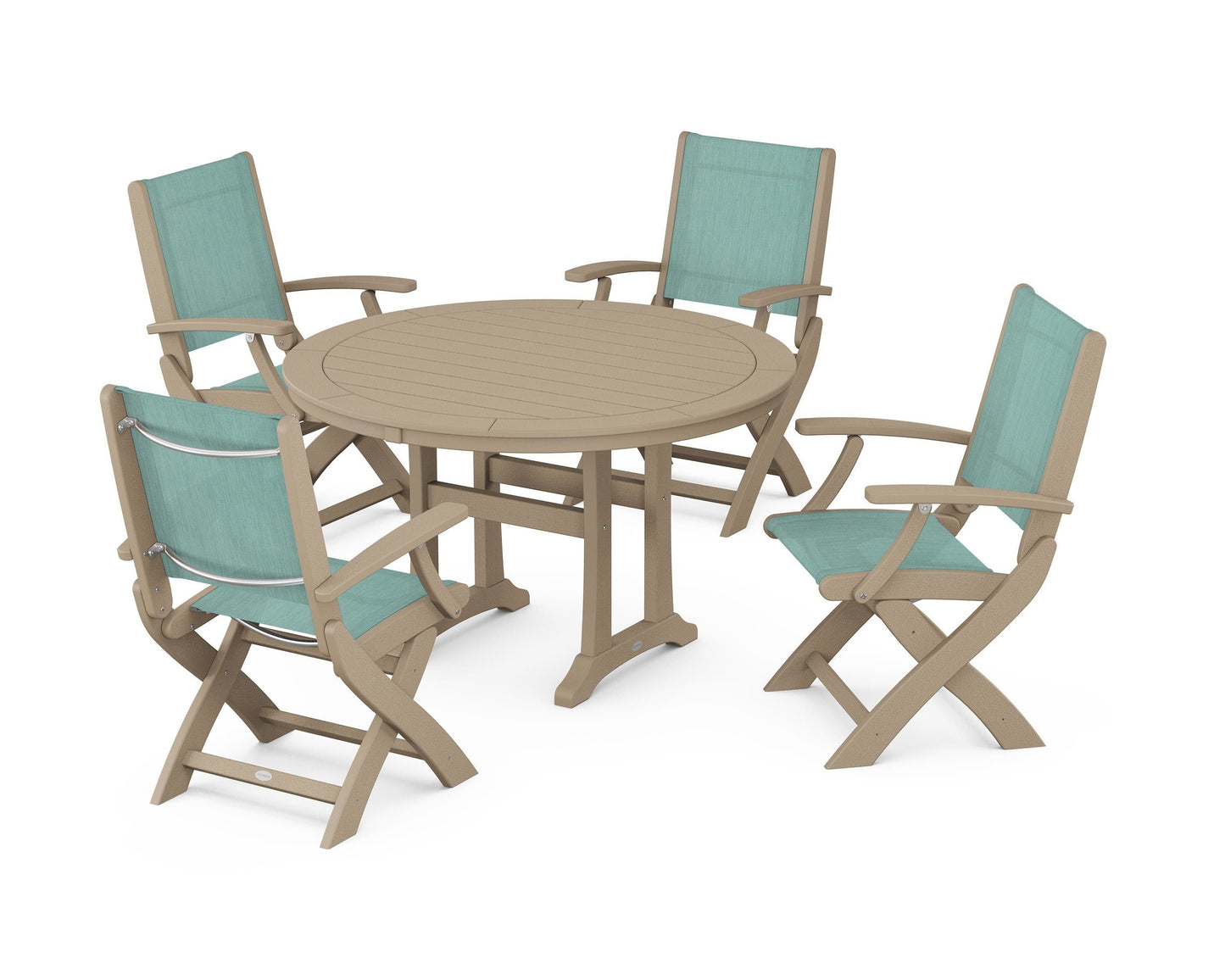 Coastal Folding Chair 5-Piece Round Dining Set with Trestle Legs