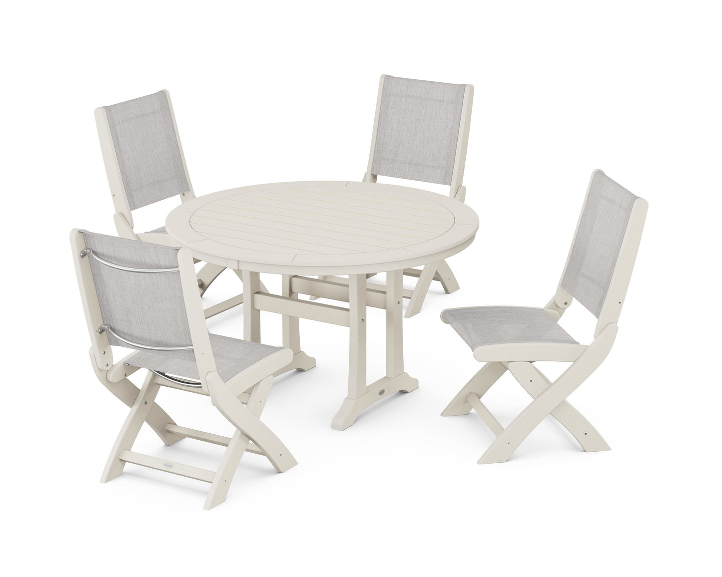 Coastal Folding Side Chair 5-Piece Round Dining Set With Trestle Legs