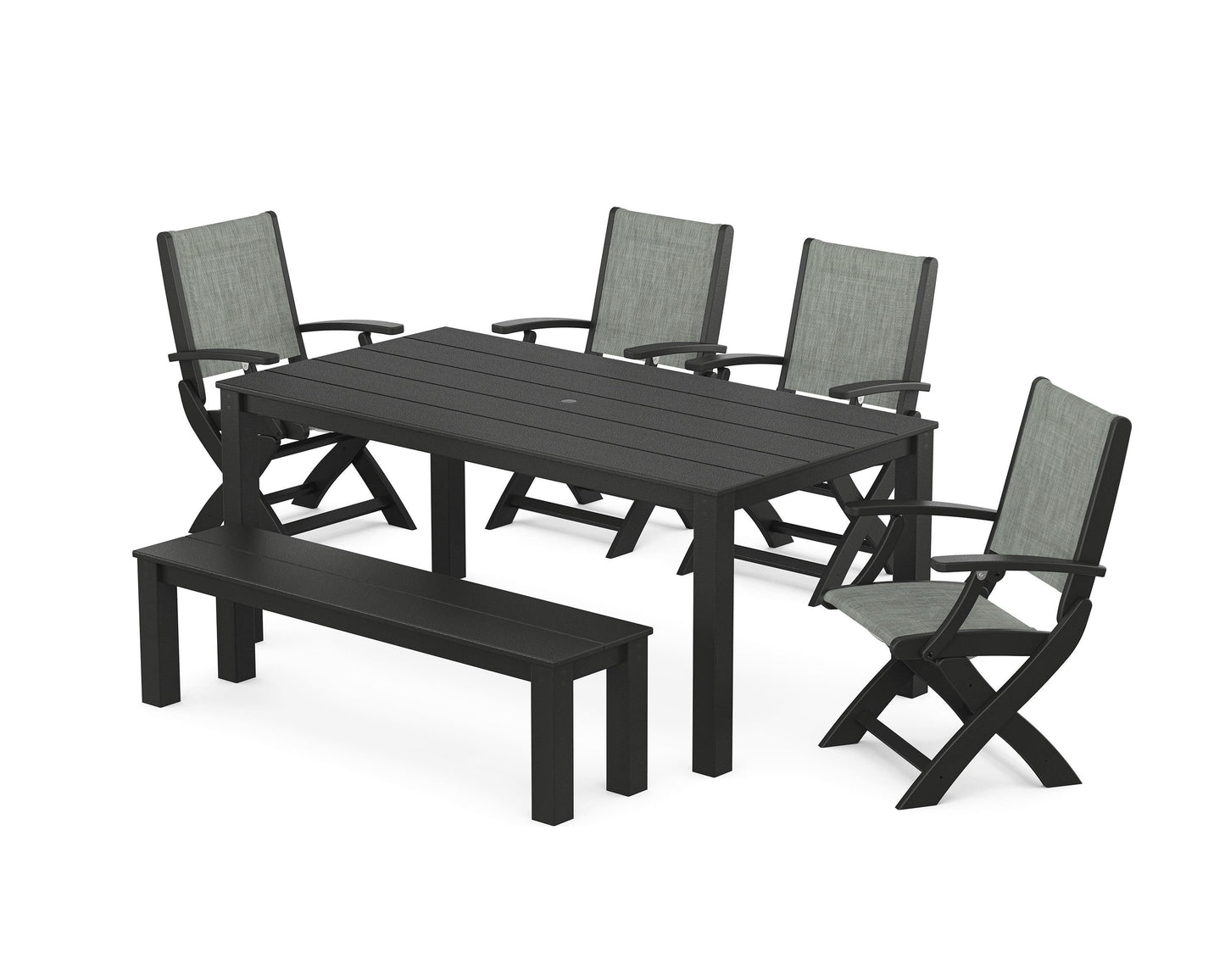 Coastal Folding Chair 6- Piece Parsons Dining Set with Bench