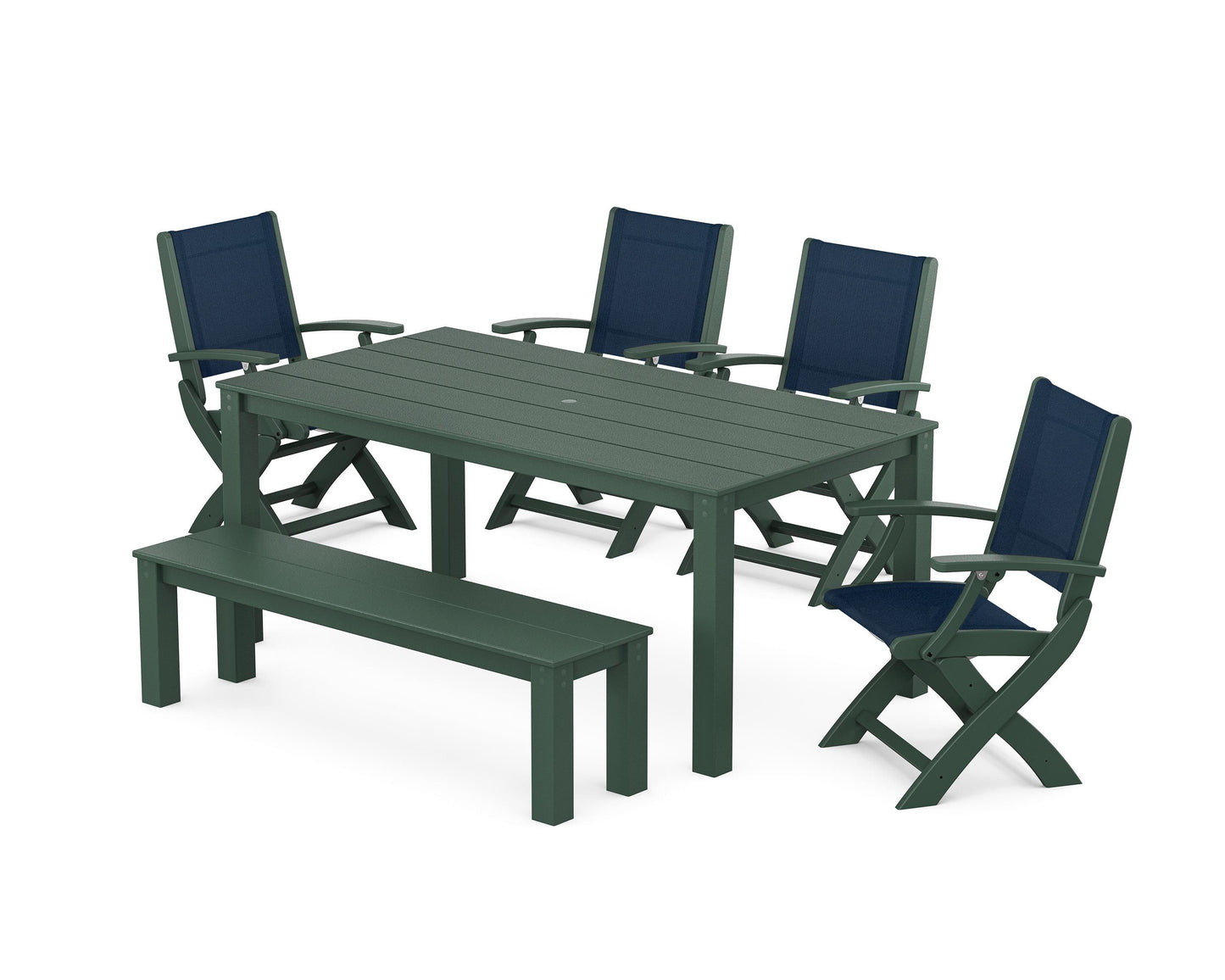 Coastal Folding Chair 6- Piece Parsons Dining Set with Bench