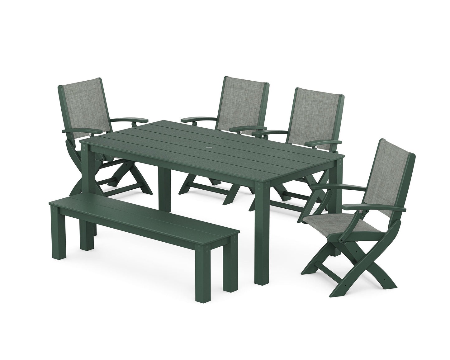 Coastal Folding Chair 6- Piece Parsons Dining Set with Bench