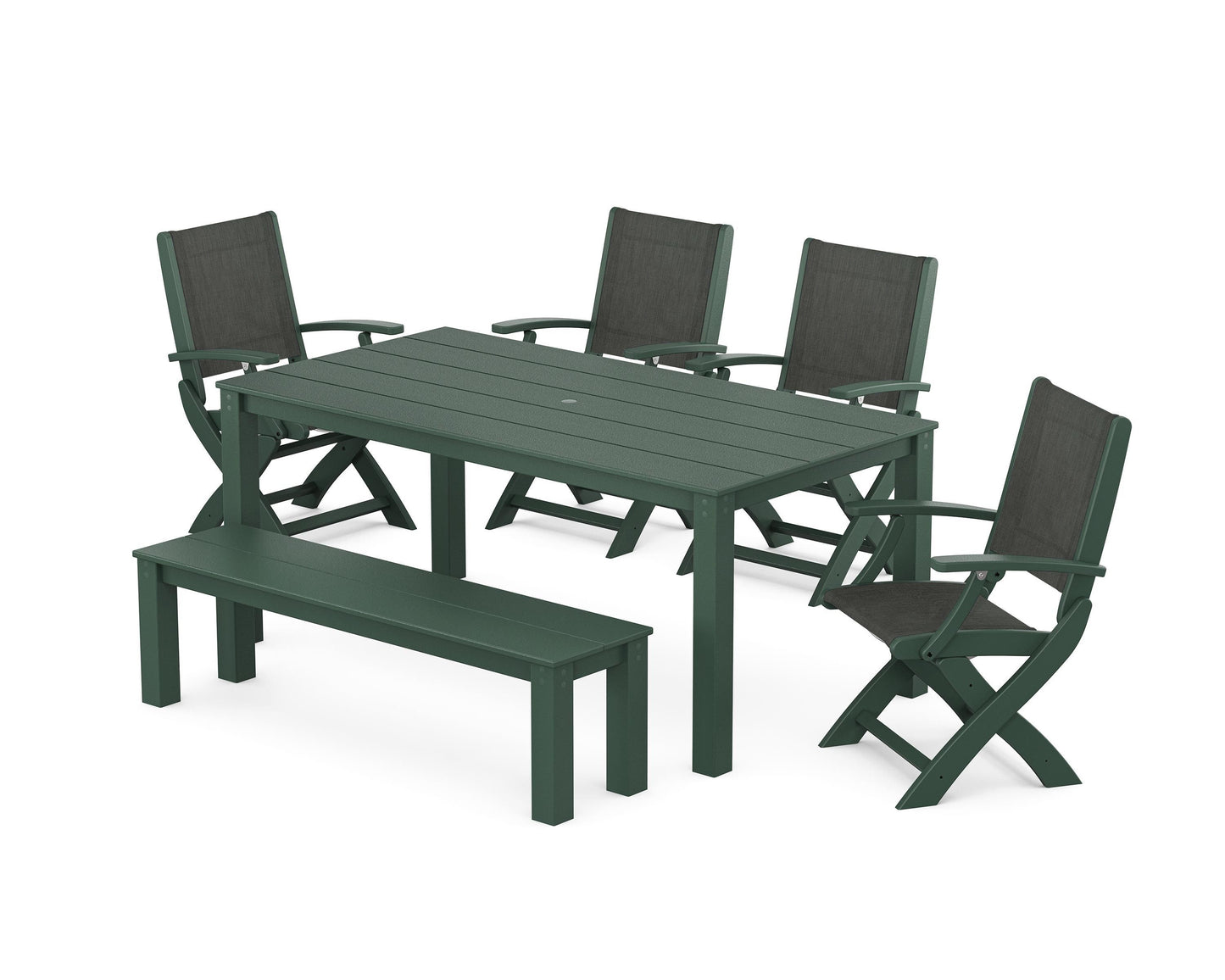 Coastal Folding Chair 6- Piece Parsons Dining Set with Bench