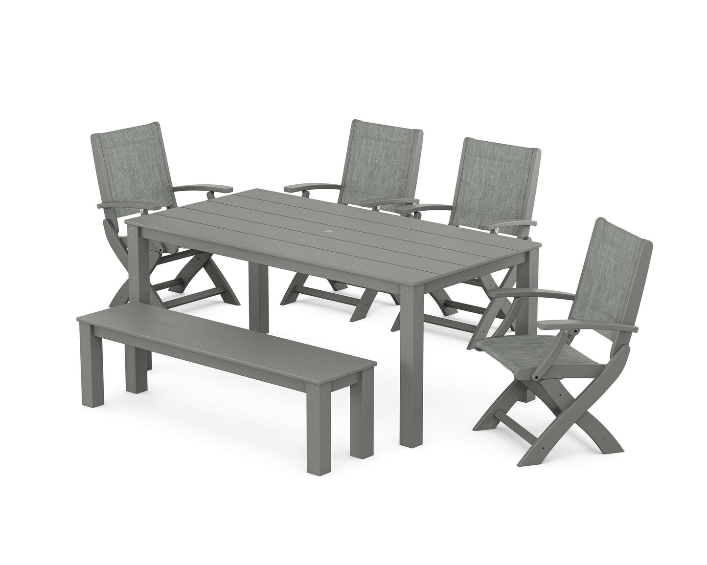 Coastal Folding Chair 6- Piece Parsons Dining Set with Bench