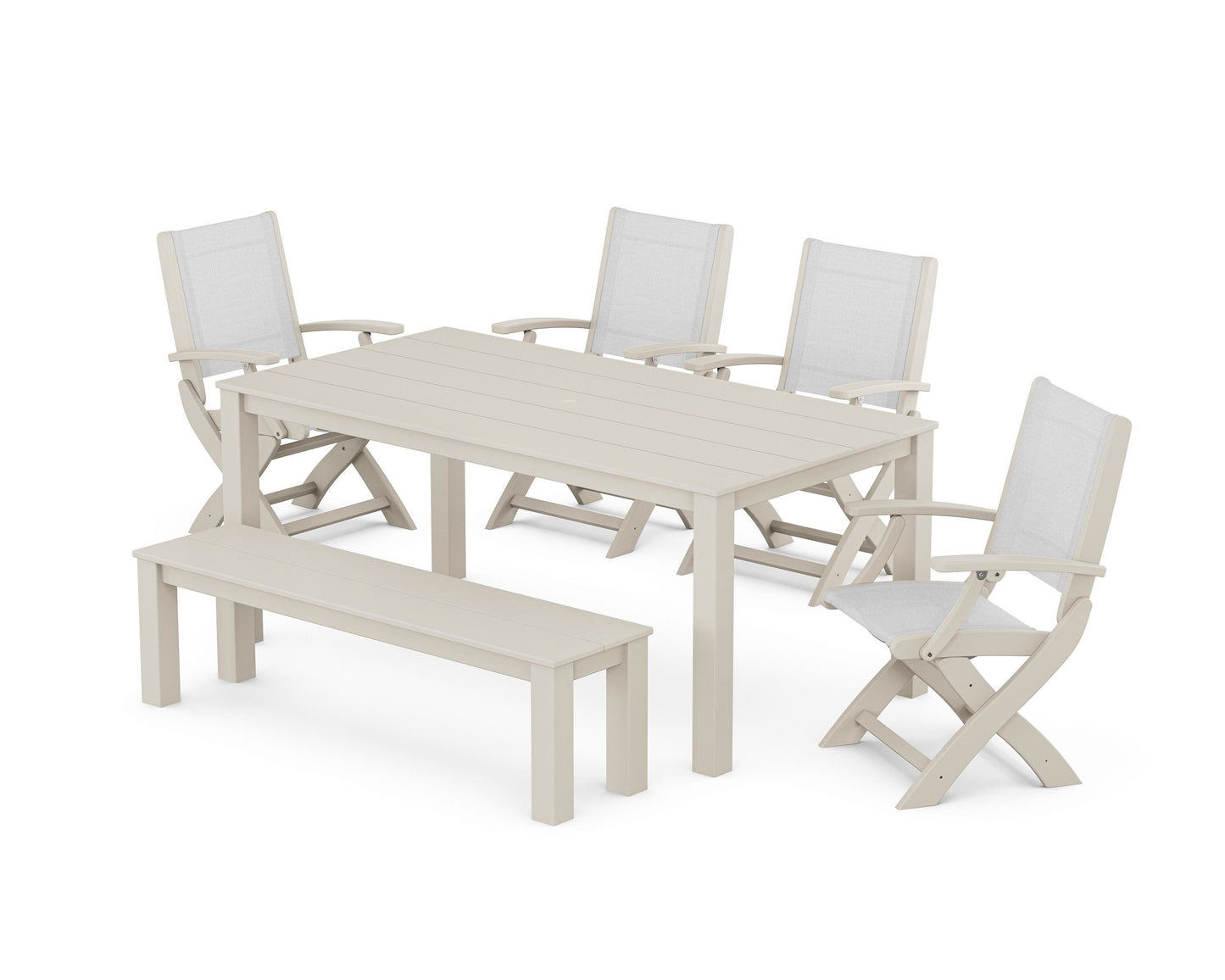 Coastal Folding Chair 6- Piece Parsons Dining Set with Bench