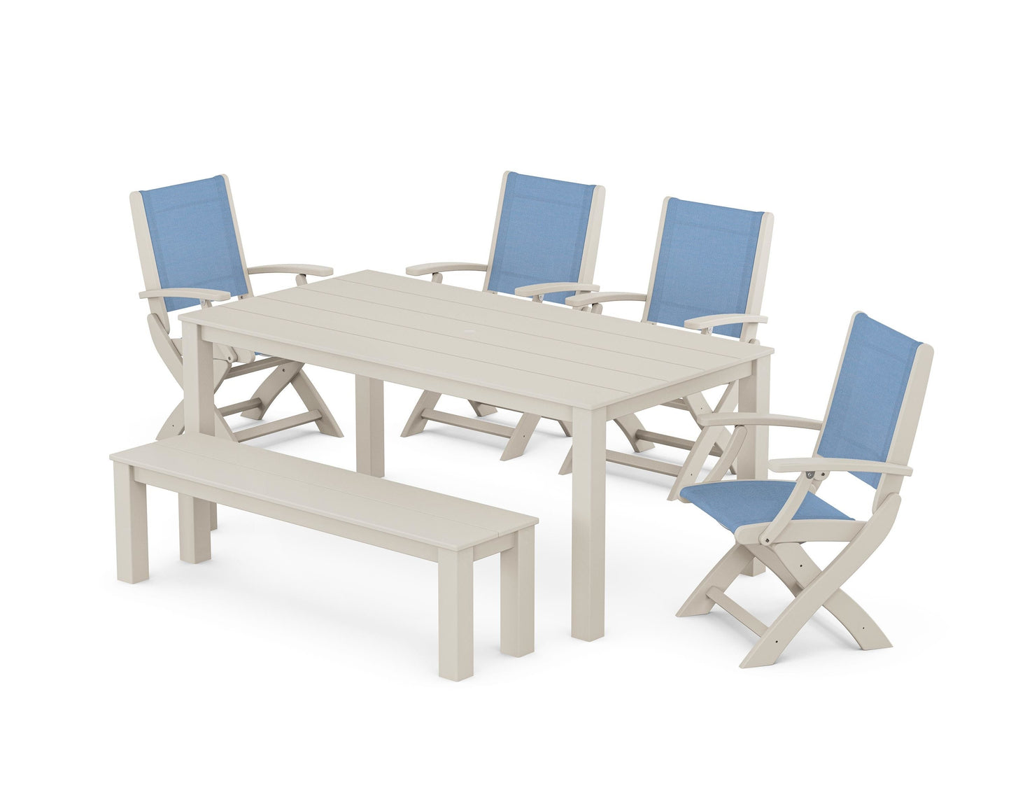 Coastal Folding Chair 6- Piece Parsons Dining Set with Bench