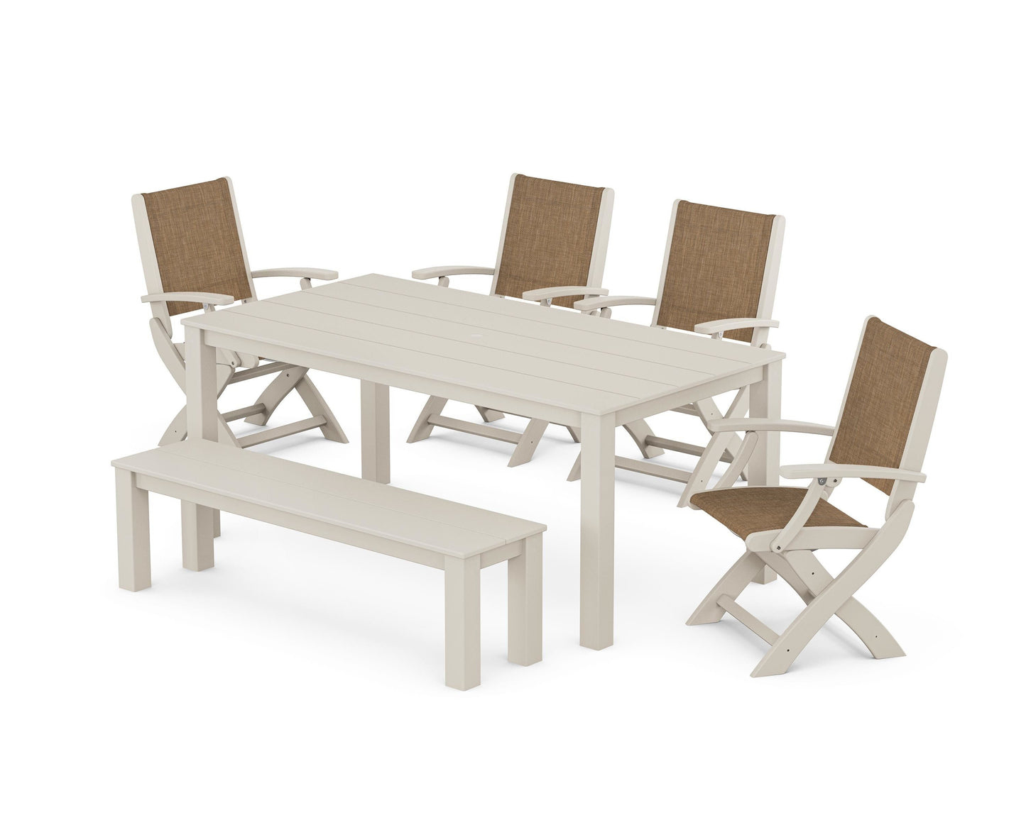 Coastal Folding Chair 6- Piece Parsons Dining Set with Bench