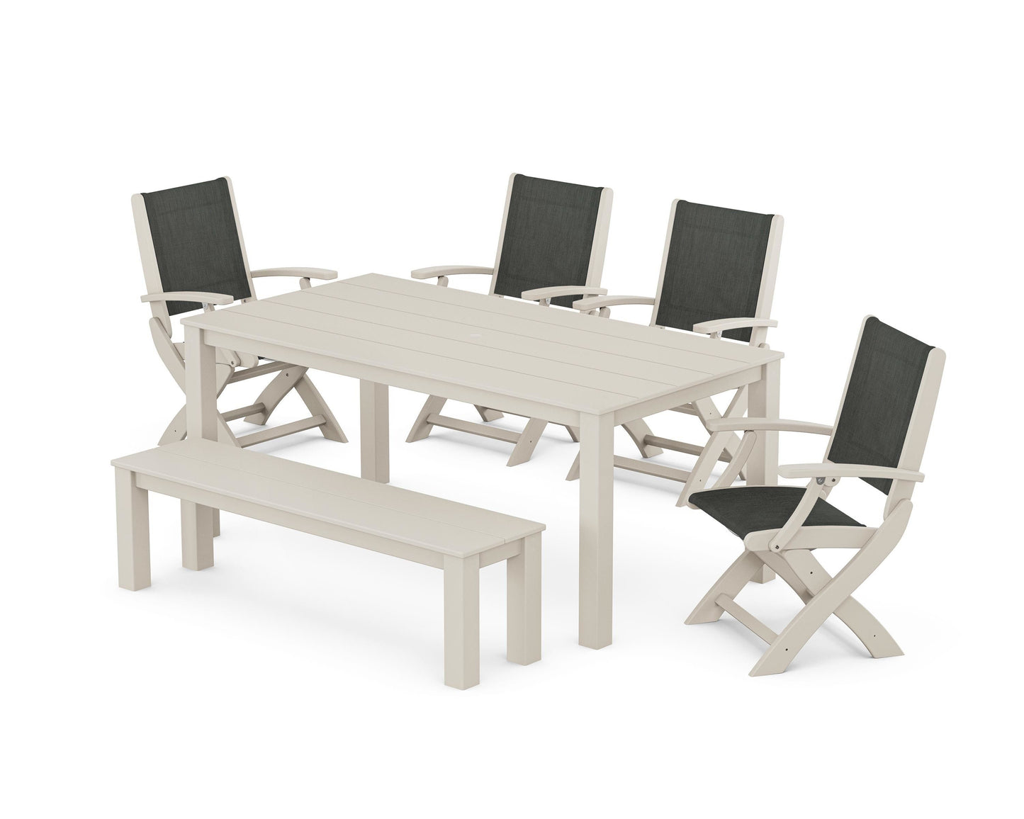 Coastal Folding Chair 6- Piece Parsons Dining Set with Bench