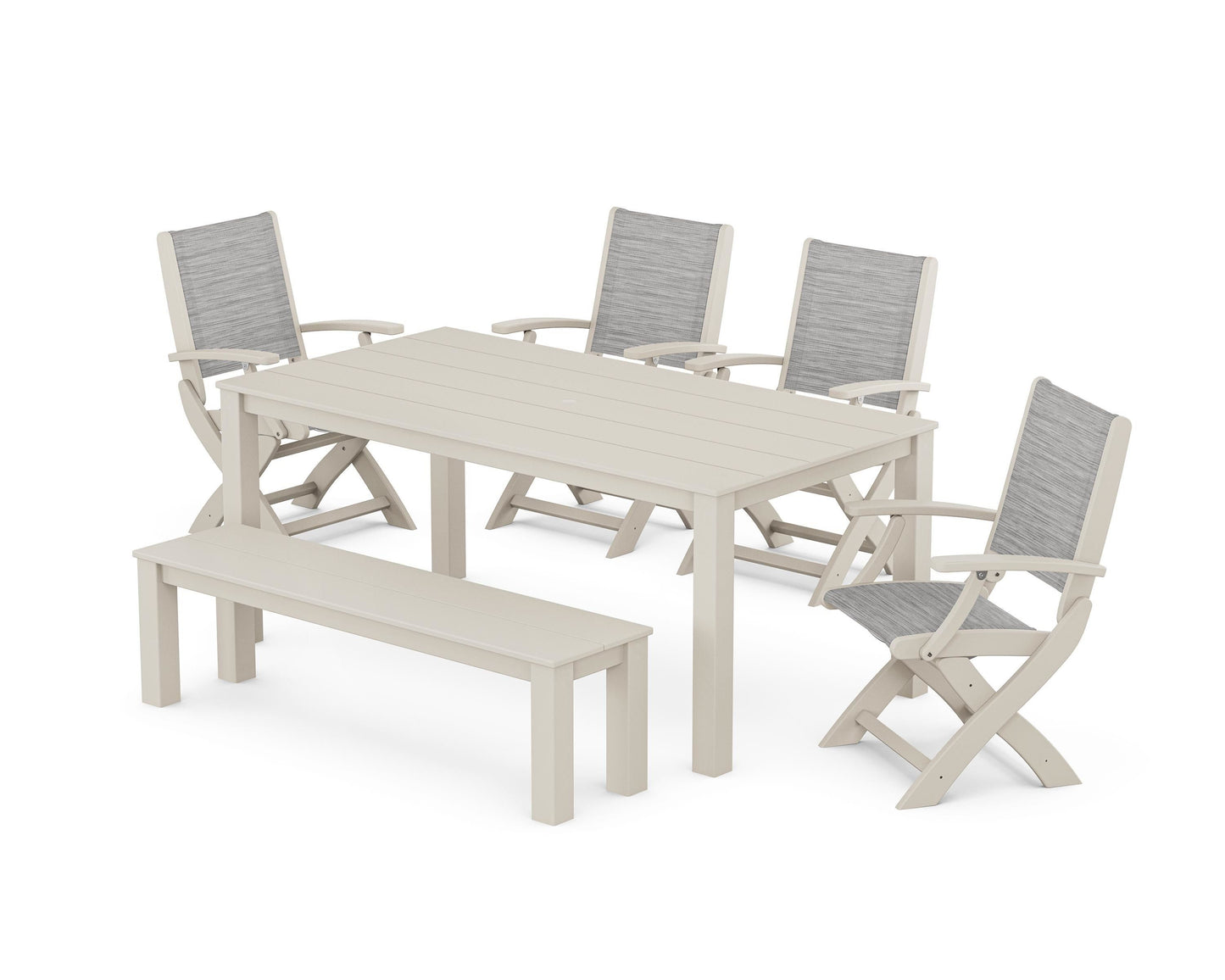 Coastal Folding Chair 6- Piece Parsons Dining Set with Bench