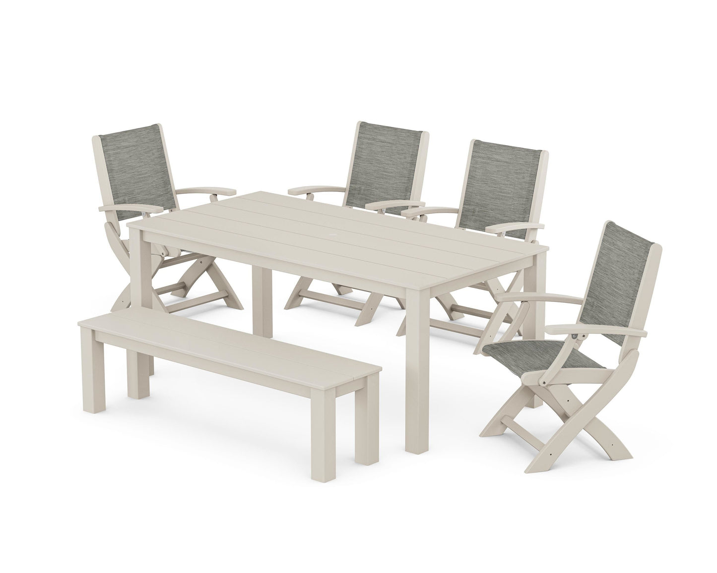 Coastal Folding Chair 6- Piece Parsons Dining Set with Bench