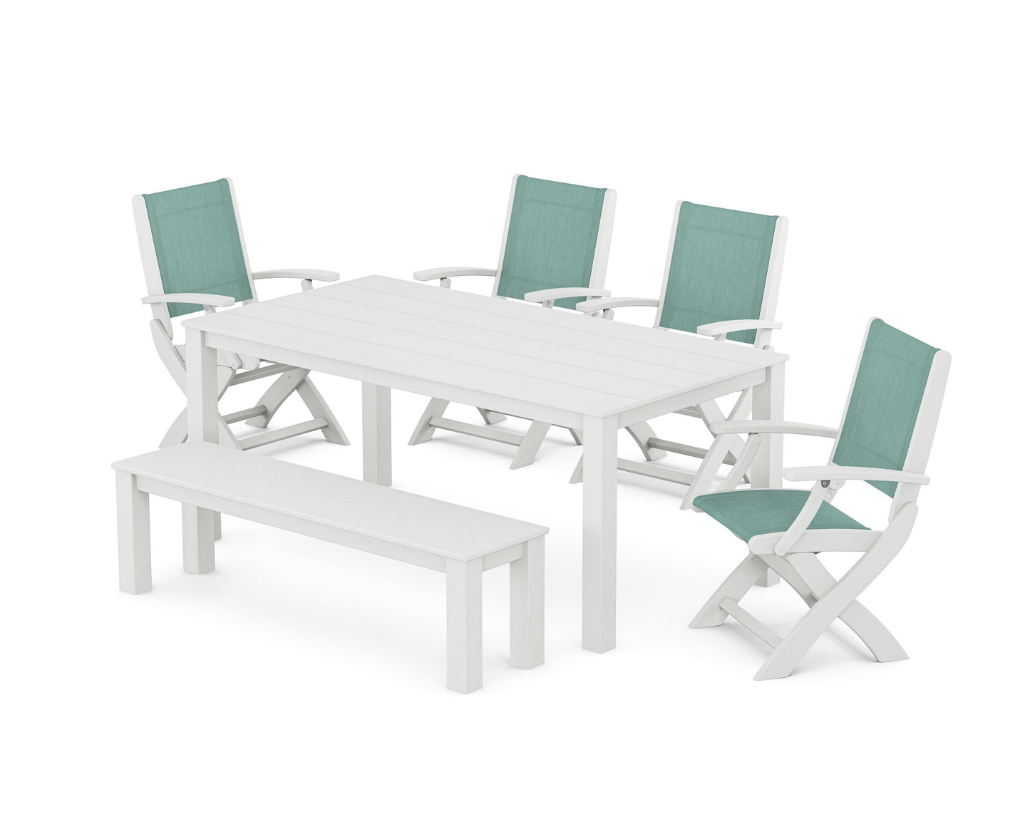 Coastal Folding Chair 6- Piece Parsons Dining Set with Bench