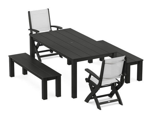 Coastal Folding Chair 5-Piece Parsons Dining Set with Benches