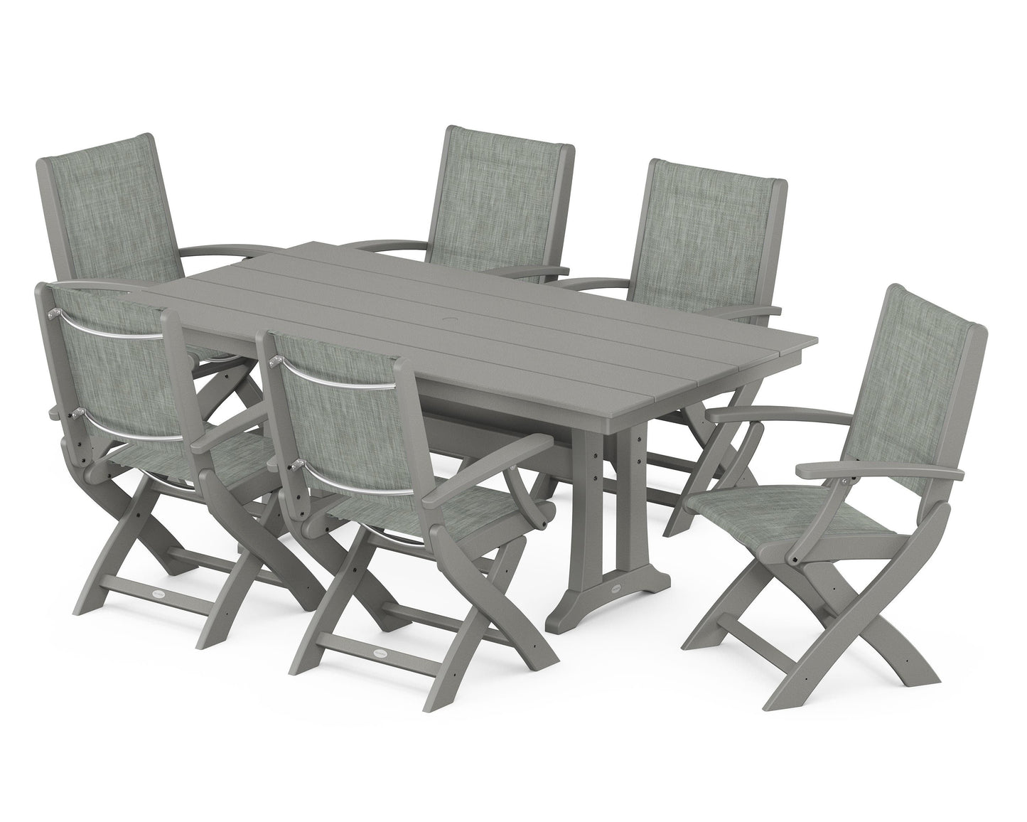 Coastal Folding Arm Chair 7-Piece Farmhouse Dining Set with Trestle Legs