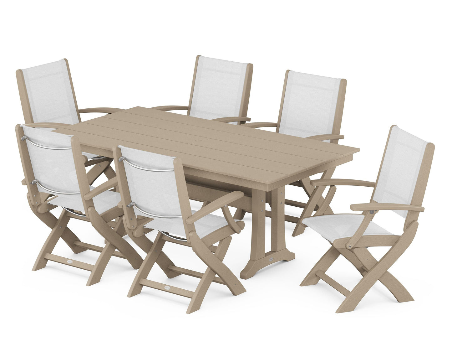 Coastal Folding Arm Chair 7-Piece Farmhouse Dining Set with Trestle Legs