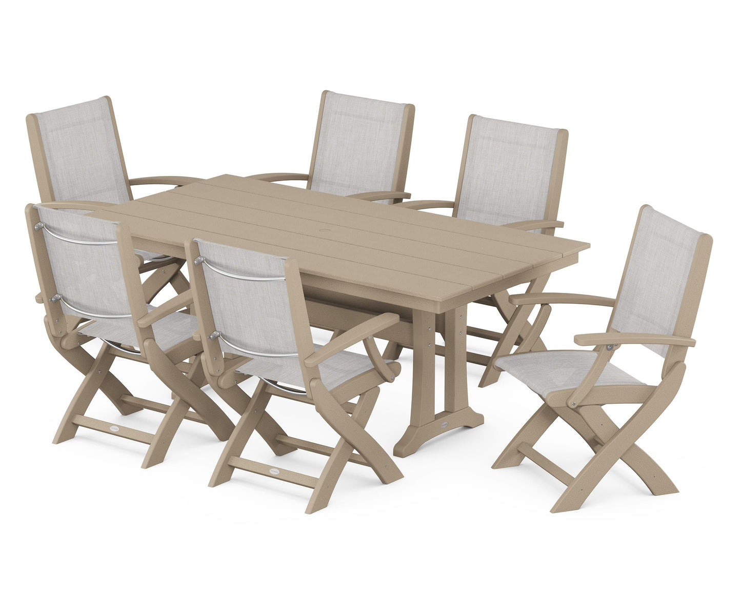 Coastal Folding Arm Chair 7-Piece Farmhouse Dining Set with Trestle Legs