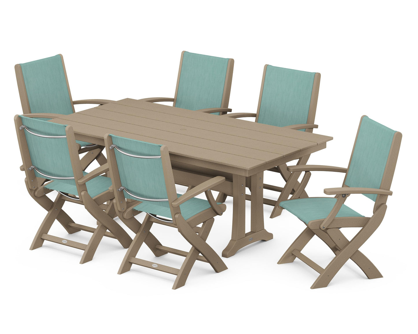 Coastal Folding Arm Chair 7-Piece Farmhouse Dining Set with Trestle Legs