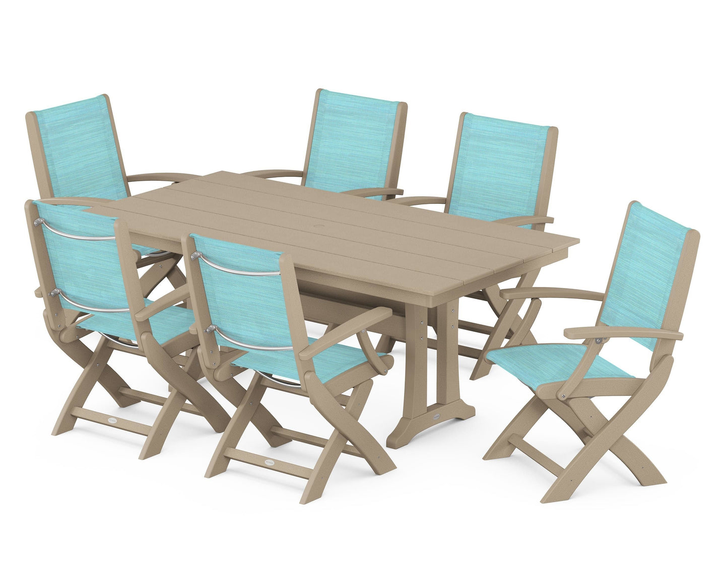 Coastal Folding Arm Chair 7-Piece Farmhouse Dining Set with Trestle Legs