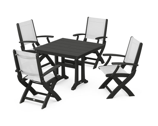 Coastal Folding Chair 5-Piece Farmhouse Dining Set With Trestle Legs