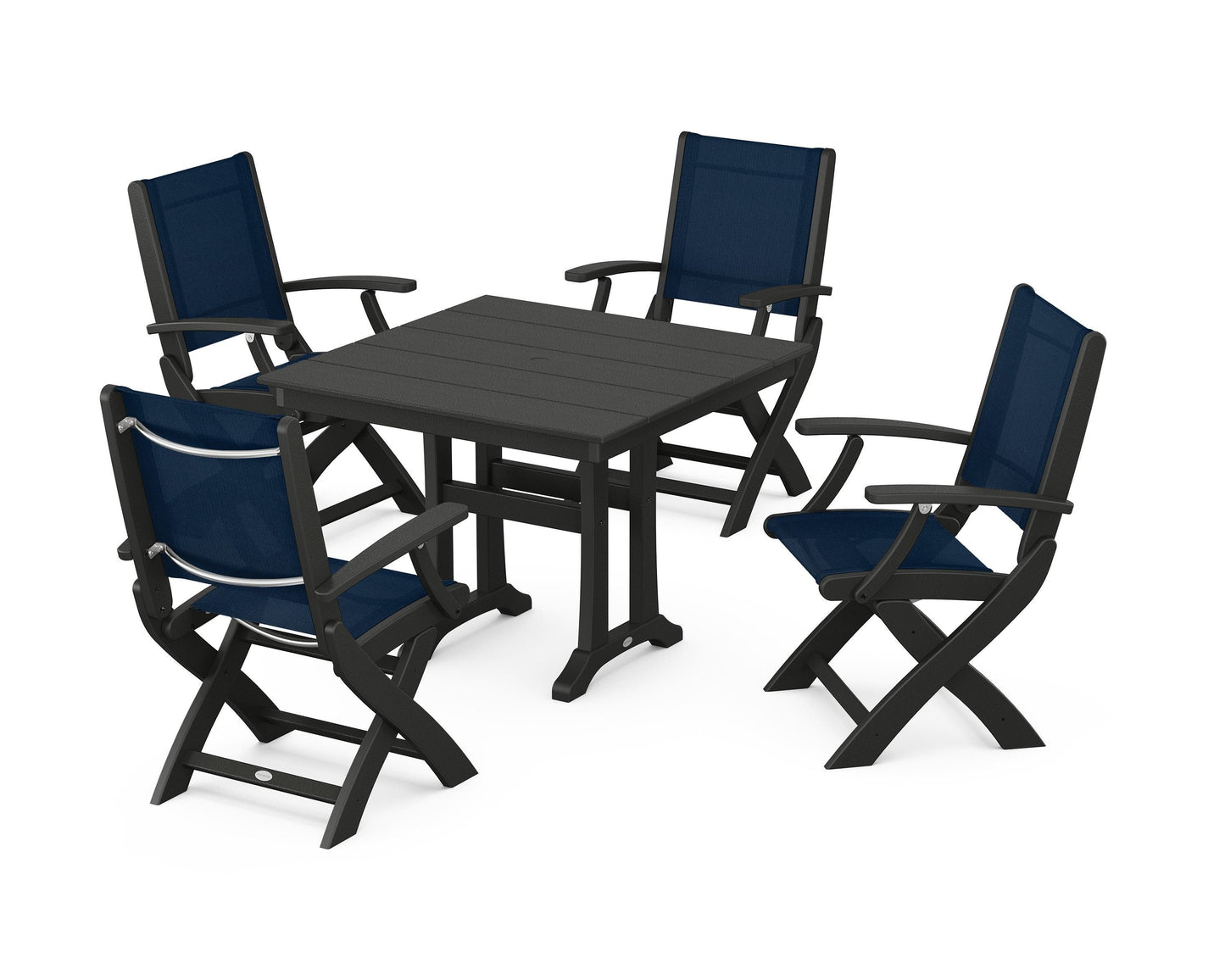 Coastal Folding Chair 5-Piece Farmhouse Dining Set With Trestle Legs