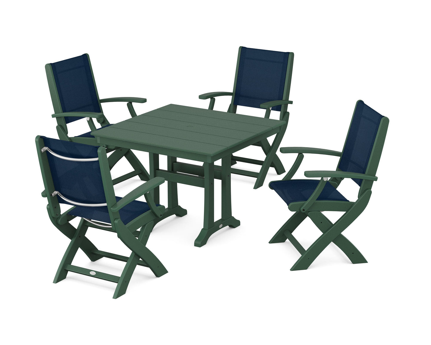 Coastal Folding Chair 5-Piece Farmhouse Dining Set With Trestle Legs