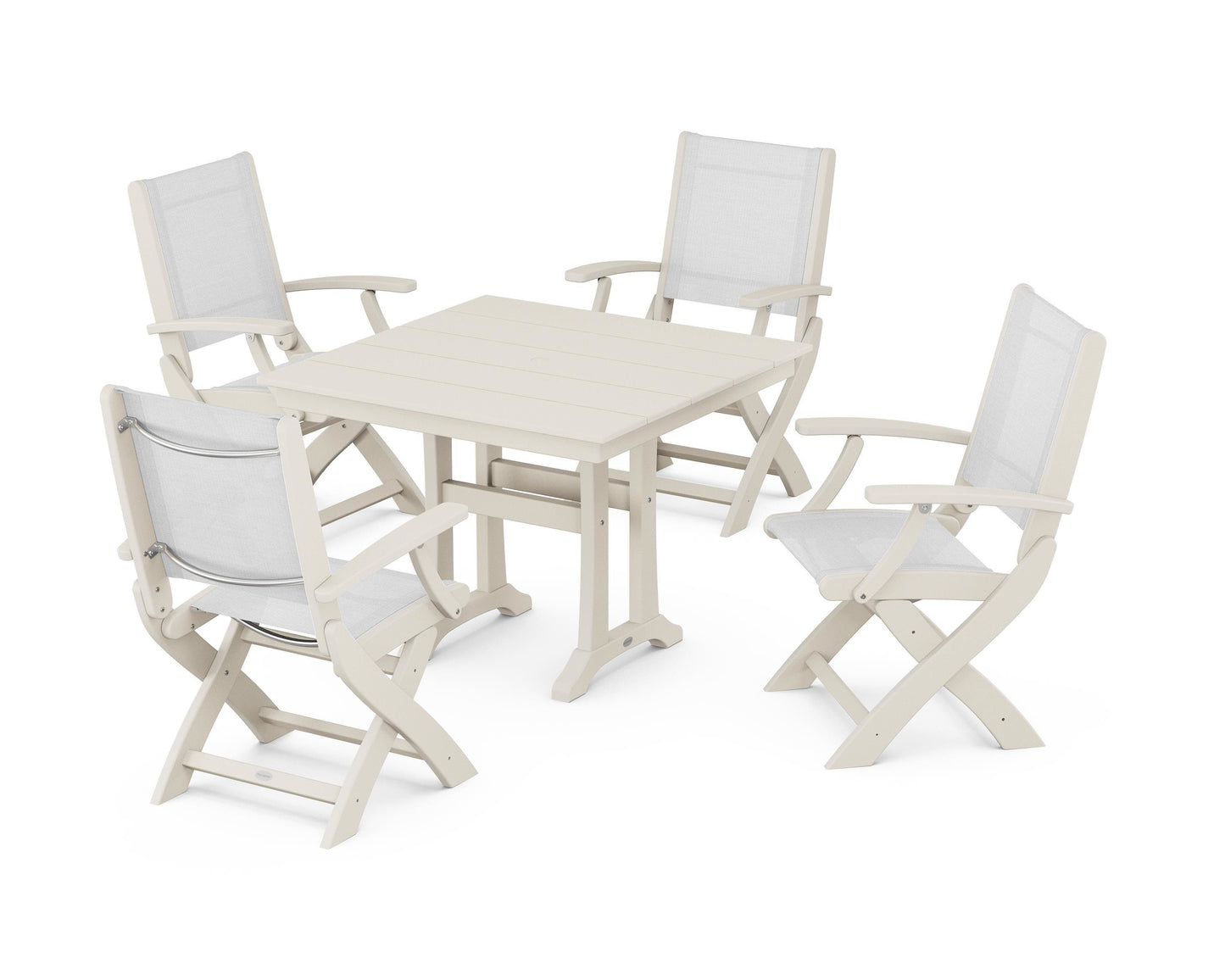 Coastal Folding Chair 5-Piece Farmhouse Dining Set With Trestle Legs