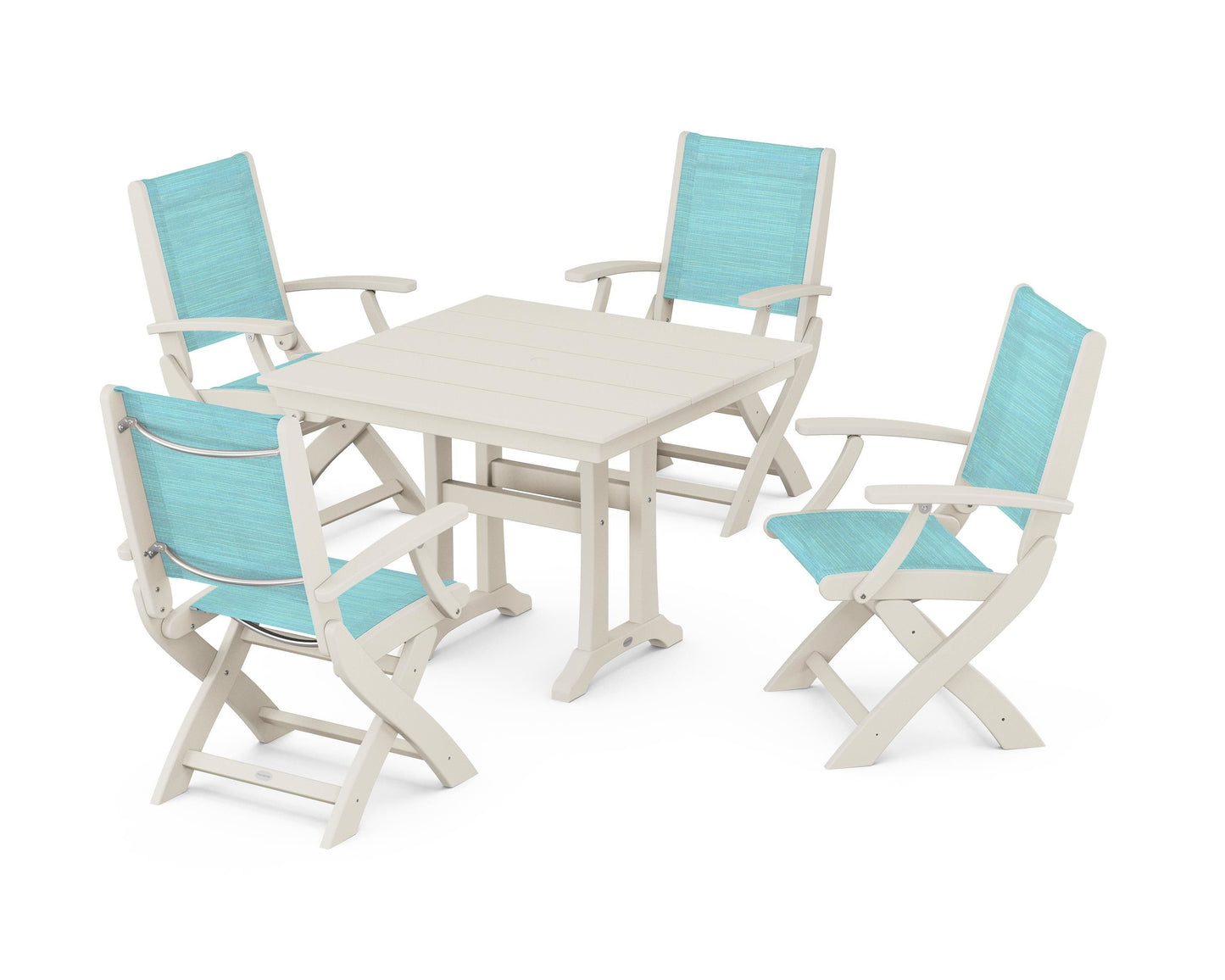 Coastal Folding Chair 5-Piece Farmhouse Dining Set With Trestle Legs