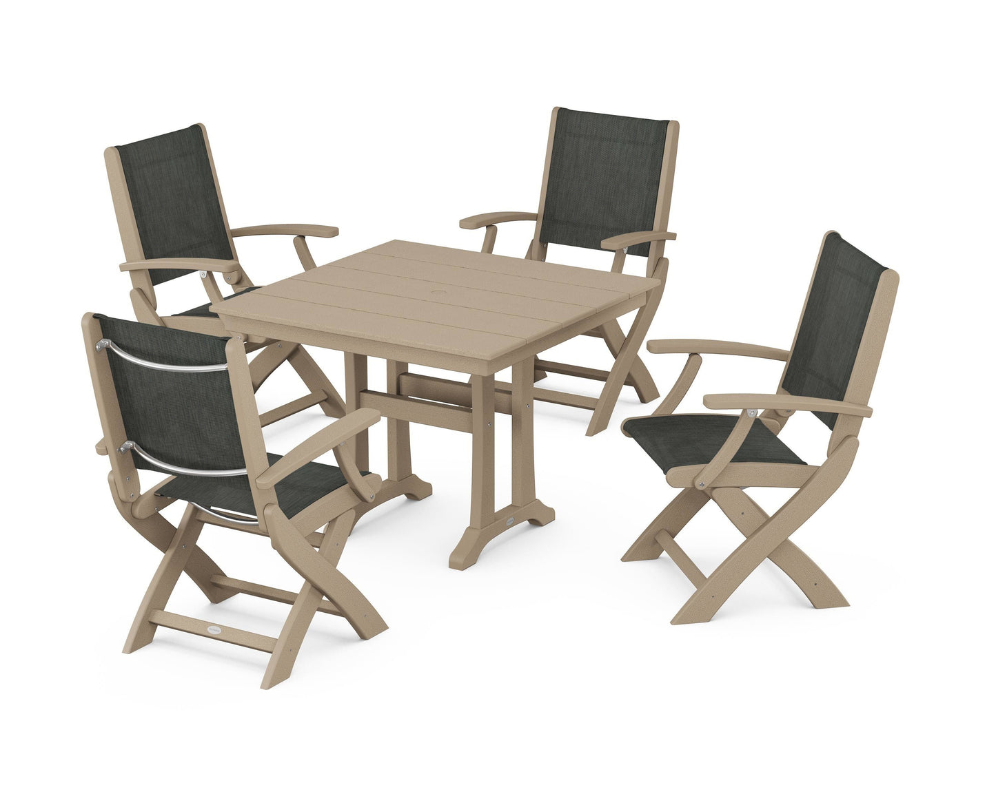 Coastal Folding Chair 5-Piece Farmhouse Dining Set With Trestle Legs