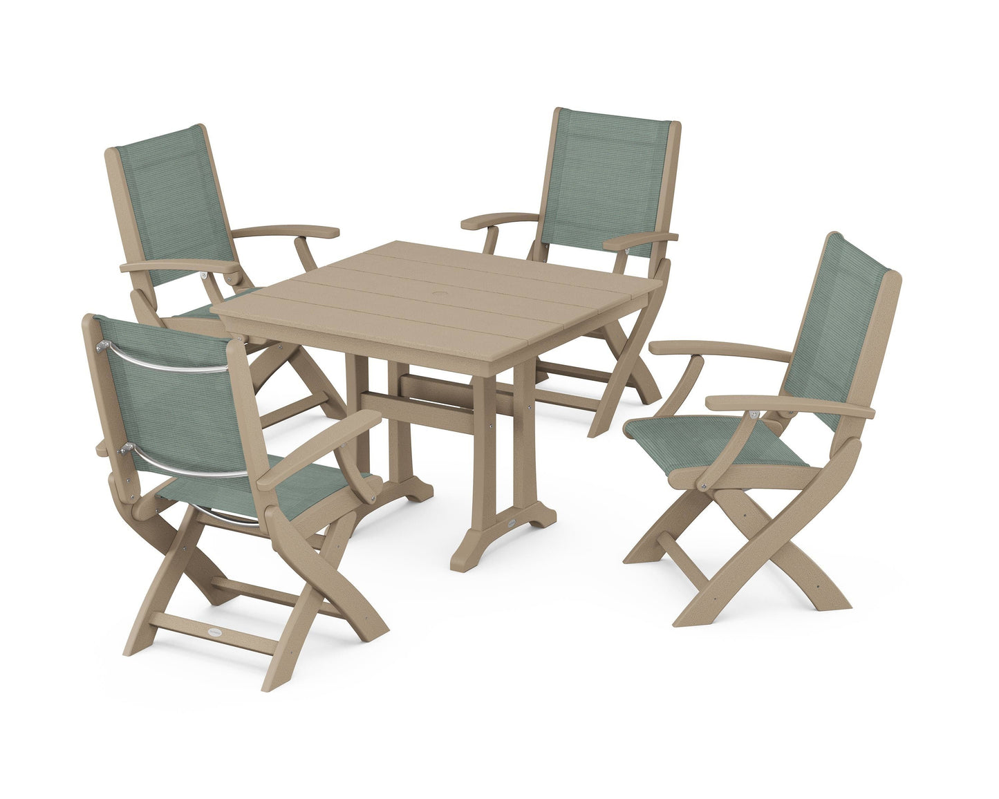 Coastal Folding Chair 5-Piece Farmhouse Dining Set With Trestle Legs