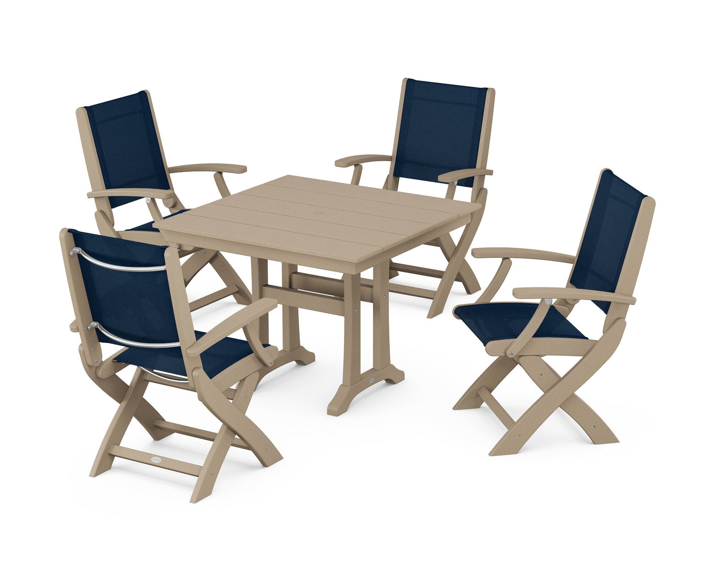 Coastal Folding Chair 5-Piece Farmhouse Dining Set With Trestle Legs