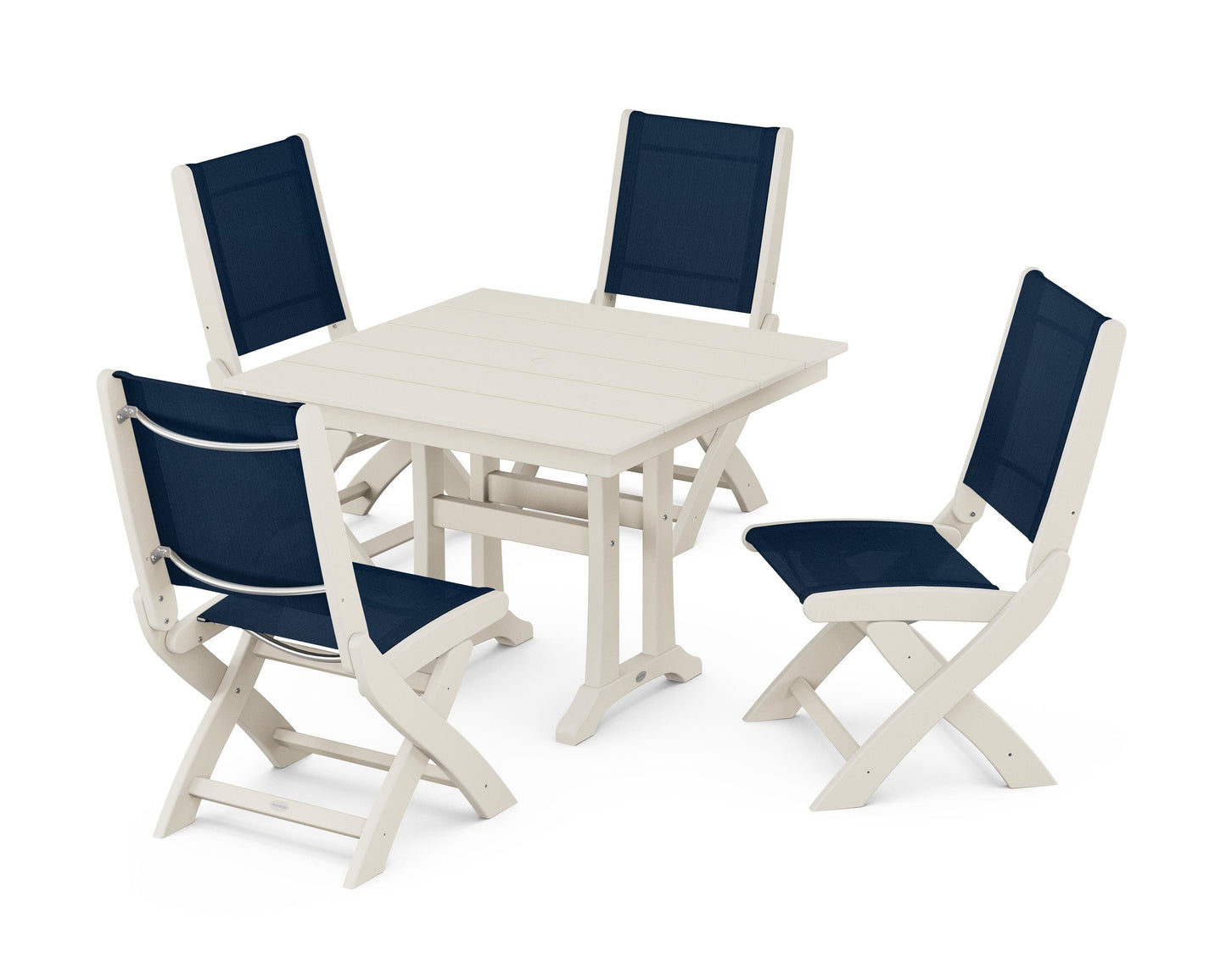 Coastal Folding Side Chair 5-Piece Farmhouse Dining Set With Trestle Legs